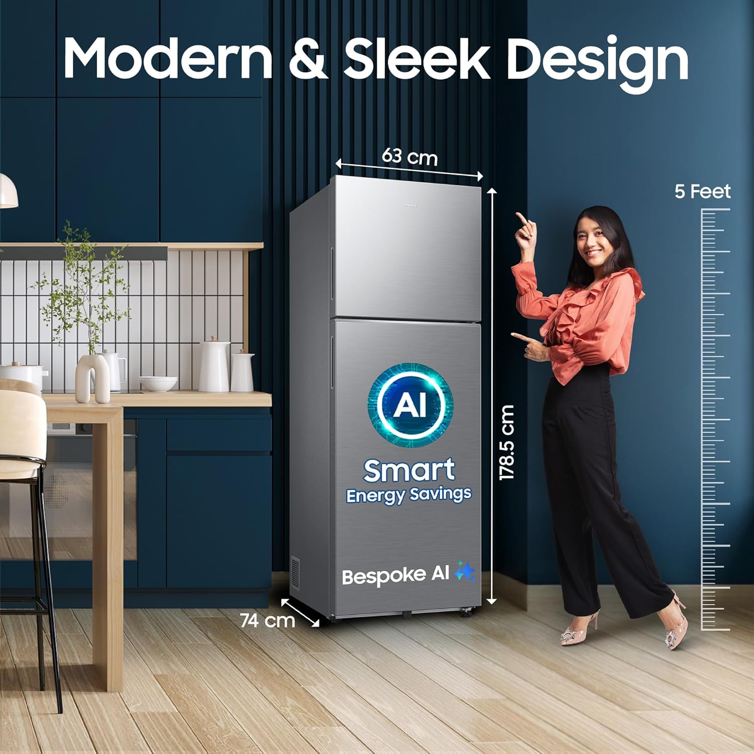 Samsung 350 L, 3 Star, Convertible 5-in-1, Digital Inverter, Frost Free Double Door, WiFi Bespoke AI Refrigerator (RT38HG5A23S8HL, Silver, Elegant Inox, 2026 Model) - View 2