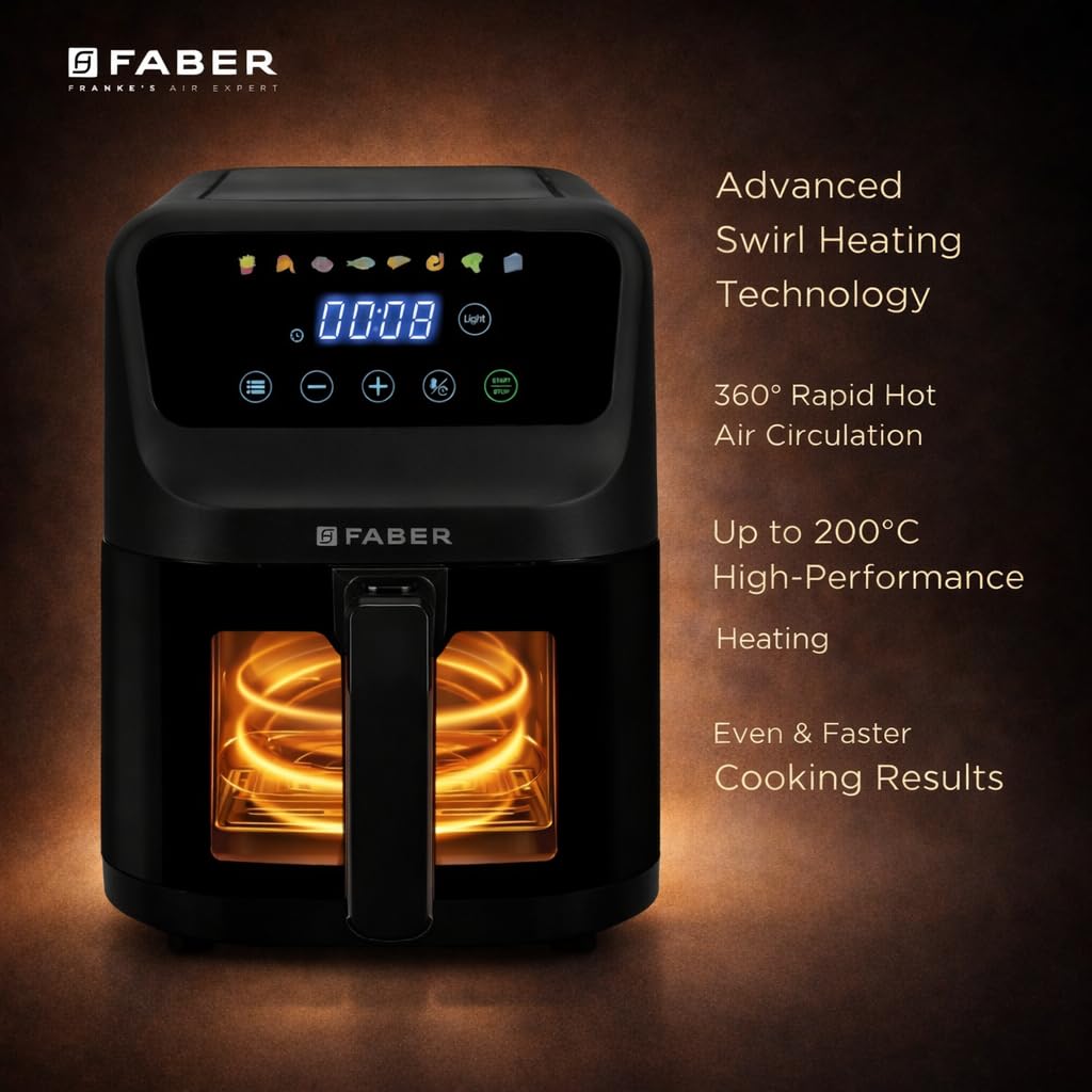 Faber 6L 1500W Digital Air Fryer | Fry, Bake, Roast | 85% Less Oil, 200°C Swirl Heating Technology |8-Preset Menu|View Window|Touch Control Interface| Auto Shut-Off |2 Yrs Comprehensive warranty|Black - View 4