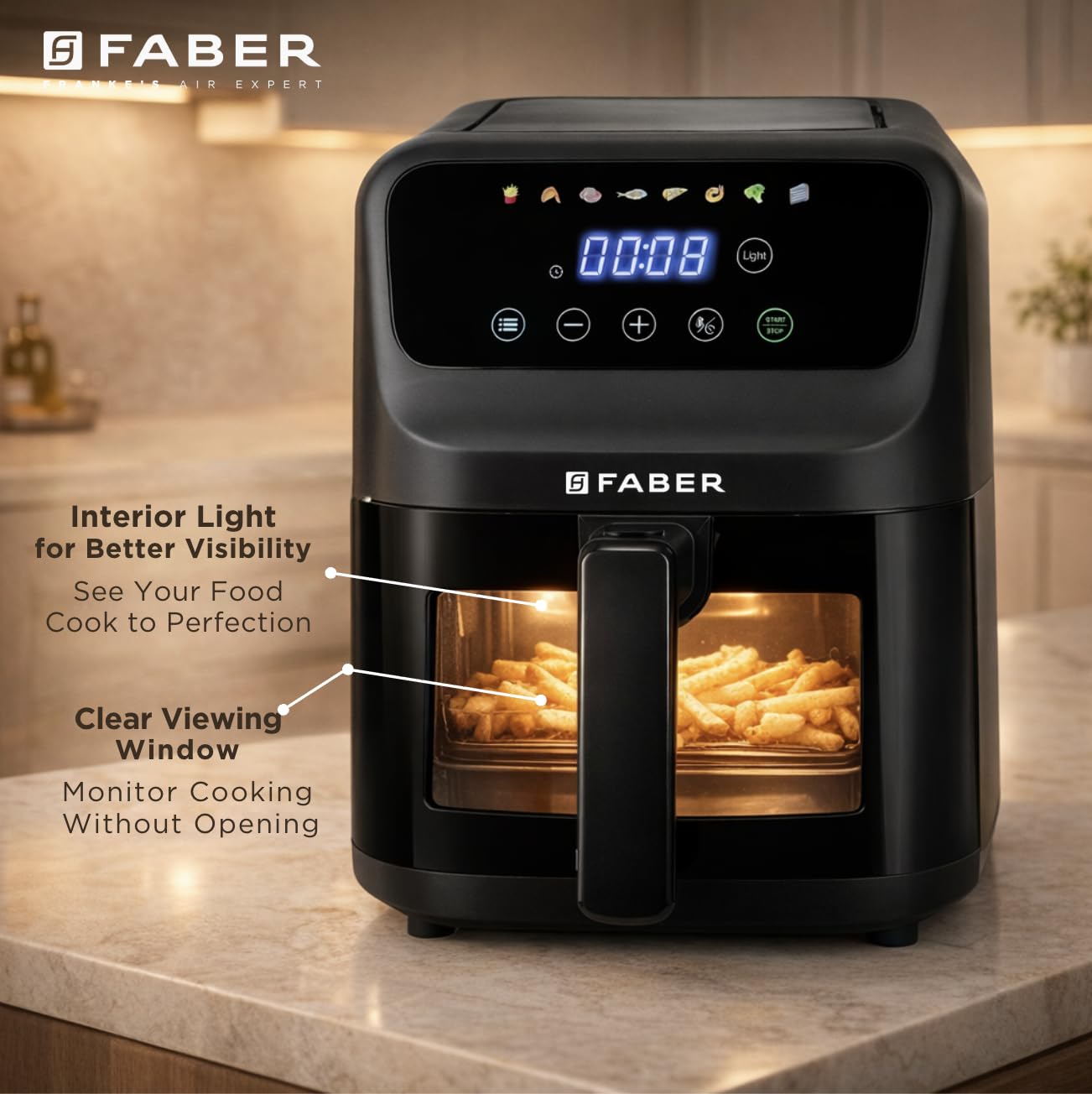 Faber 6L 1500W Digital Air Fryer | Fry, Bake, Roast | 85% Less Oil, 200°C Swirl Heating Technology |8-Preset Menu|View Window|Touch Control Interface| Auto Shut-Off |2 Yrs Comprehensive warranty|Black - View 5