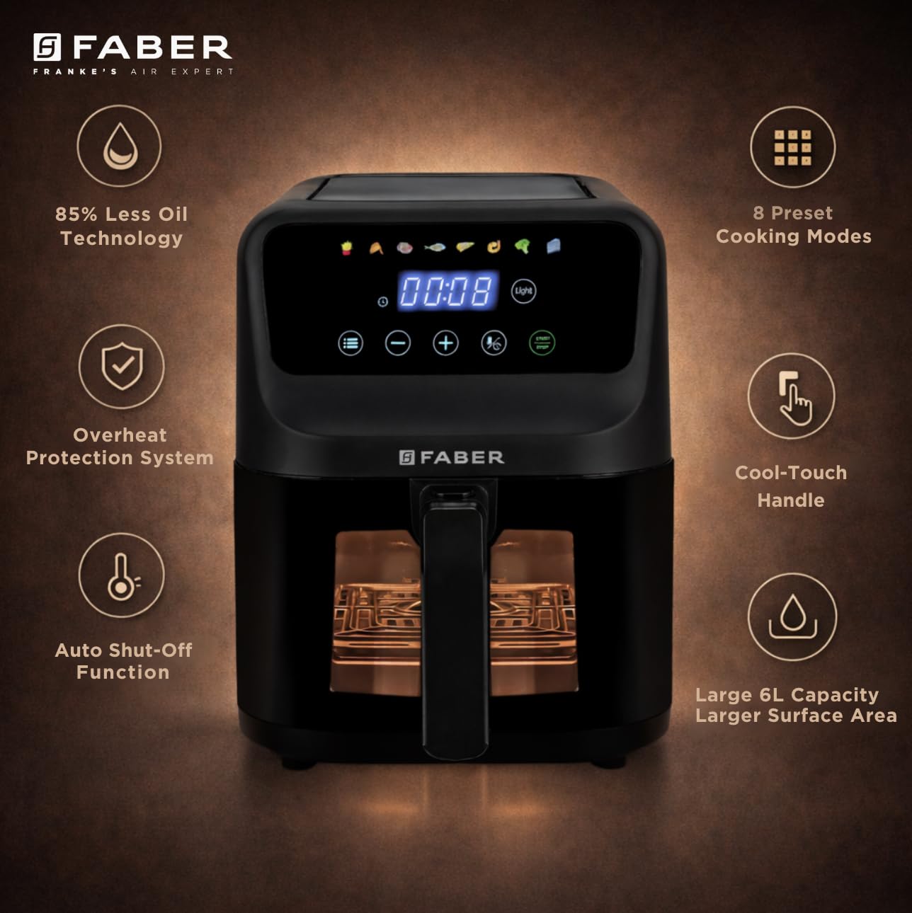 Faber 6L 1500W Digital Air Fryer | Fry, Bake, Roast | 85% Less Oil, 200°C Swirl Heating Technology |8-Preset Menu|View Window|Touch Control Interface| Auto Shut-Off |2 Yrs Comprehensive warranty|Black - View 6