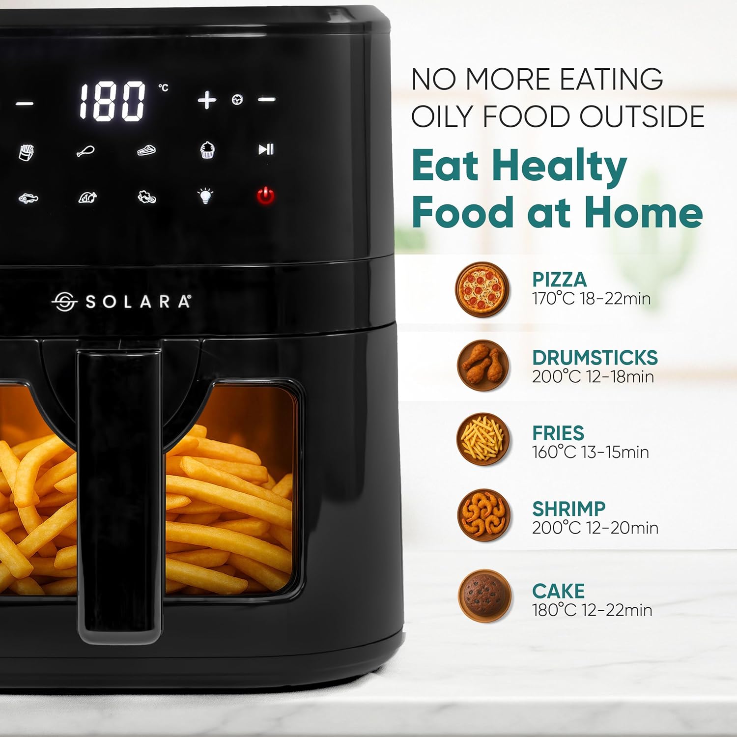 SOLARA Air Fryer For Home 4.5L with See Through Window, 10 Preset menus, 360° High Speed Air Circulation for Fry, Grill, Roast &amp; Bake,Uses upto 90% less fat, 1500 Watts, Digital Touch Control, Black - View 3