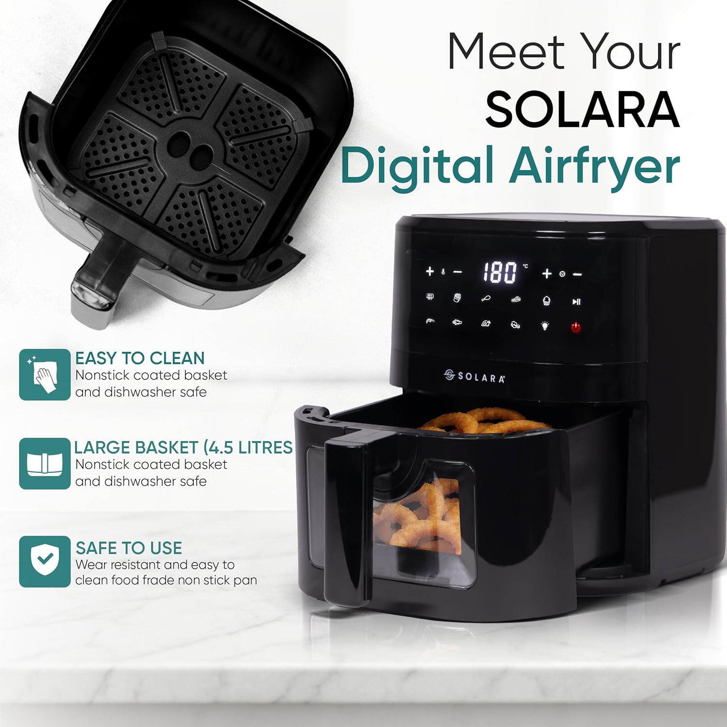 SOLARA Air Fryer For Home 4.5L with See Through Window, 10 Preset menus, 360° High Speed Air Circulation for Fry, Grill, Roast &amp; Bake,Uses upto 90% less fat, 1500 Watts, Digital Touch Control, Black - View 4