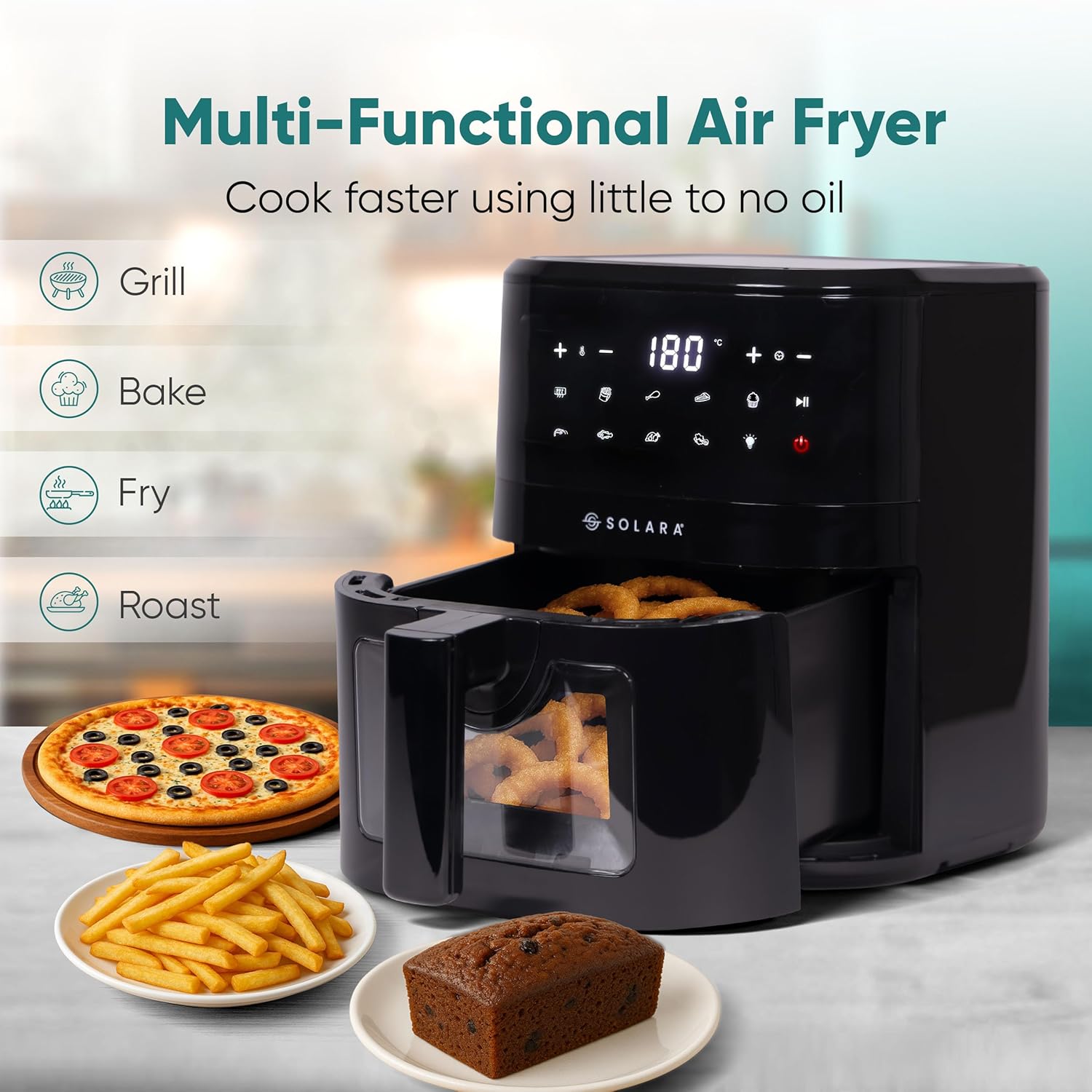 SOLARA Air Fryer For Home 4.5L with See Through Window, 10 Preset menus, 360° High Speed Air Circulation for Fry, Grill, Roast &amp; Bake,Uses upto 90% less fat, 1500 Watts, Digital Touch Control, Black - View 7