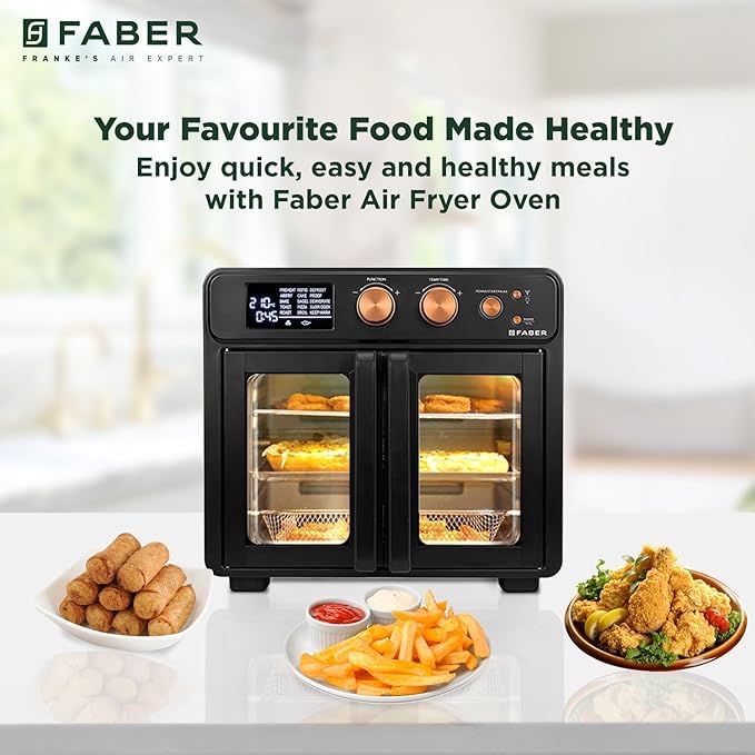 Faber Air Fryer Oven 25L, Digital Control, Bake Tray, SS Wire Tray&amp;Basket, Crumb Tray, Rotisserie Kit|15 Preset Auto Program|Roast,Fry,Toast,Defrost|Convection Function|FAO 25L 15F BK|1700 W Black - View 2