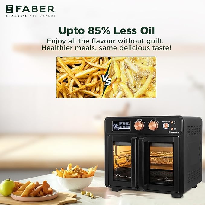 Faber Air Fryer Oven 25L, Digital Control, Bake Tray, SS Wire Tray&amp;Basket, Crumb Tray, Rotisserie Kit|15 Preset Auto Program|Roast,Fry,Toast,Defrost|Convection Function|FAO 25L 15F BK|1700 W Black - View 3
