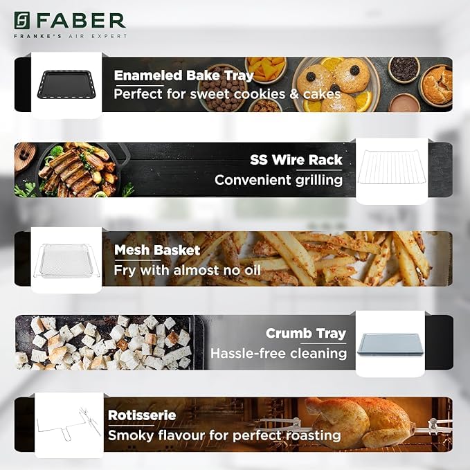 Faber Air Fryer Oven 25L, Digital Control, Bake Tray, SS Wire Tray&amp;Basket, Crumb Tray, Rotisserie Kit|15 Preset Auto Program|Roast,Fry,Toast,Defrost|Convection Function|FAO 25L 15F BK|1700 W Black - View 4