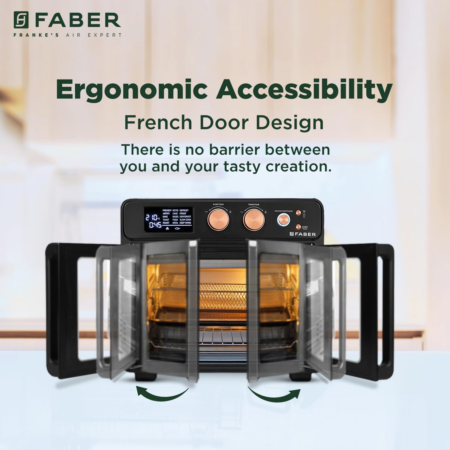 Faber Air Fryer Oven 25L, Digital Control, Bake Tray, SS Wire Tray&amp;Basket, Crumb Tray, Rotisserie Kit|15 Preset Auto Program|Roast,Fry,Toast,Defrost|Convection Function|FAO 25L 15F BK|1700 W Black - View 7