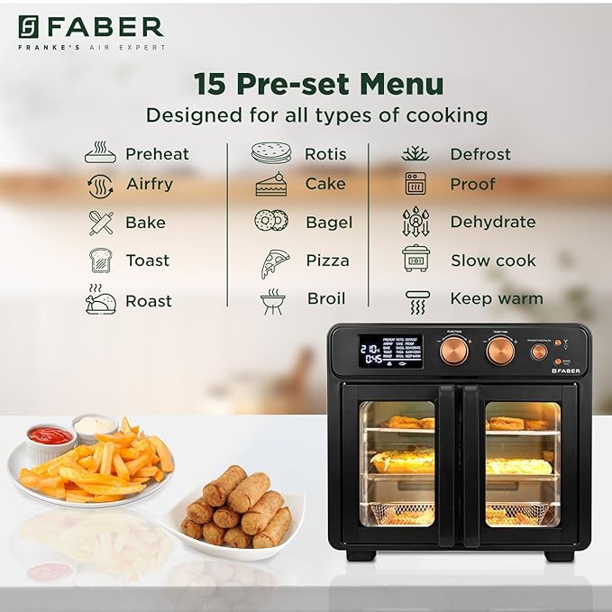 Faber Air Fryer Oven 25L, Digital Control, Bake Tray, SS Wire Tray&amp;Basket, Crumb Tray, Rotisserie Kit|15 Preset Auto Program|Roast,Fry,Toast,Defrost|Convection Function|FAO 25L 15F BK|1700 W Black - View 8