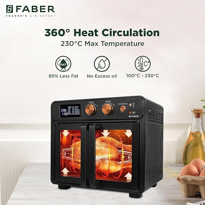 Faber Air Fryer Oven 25L, Digital Control, Bake Tray, SS Wire Tray&amp;Basket, Crumb Tray, Rotisserie Kit|15 Preset Auto Program|Roast,Fry,Toast,Defrost|Convection Function|FAO 25L 15F BK|1700 W Black - View 9