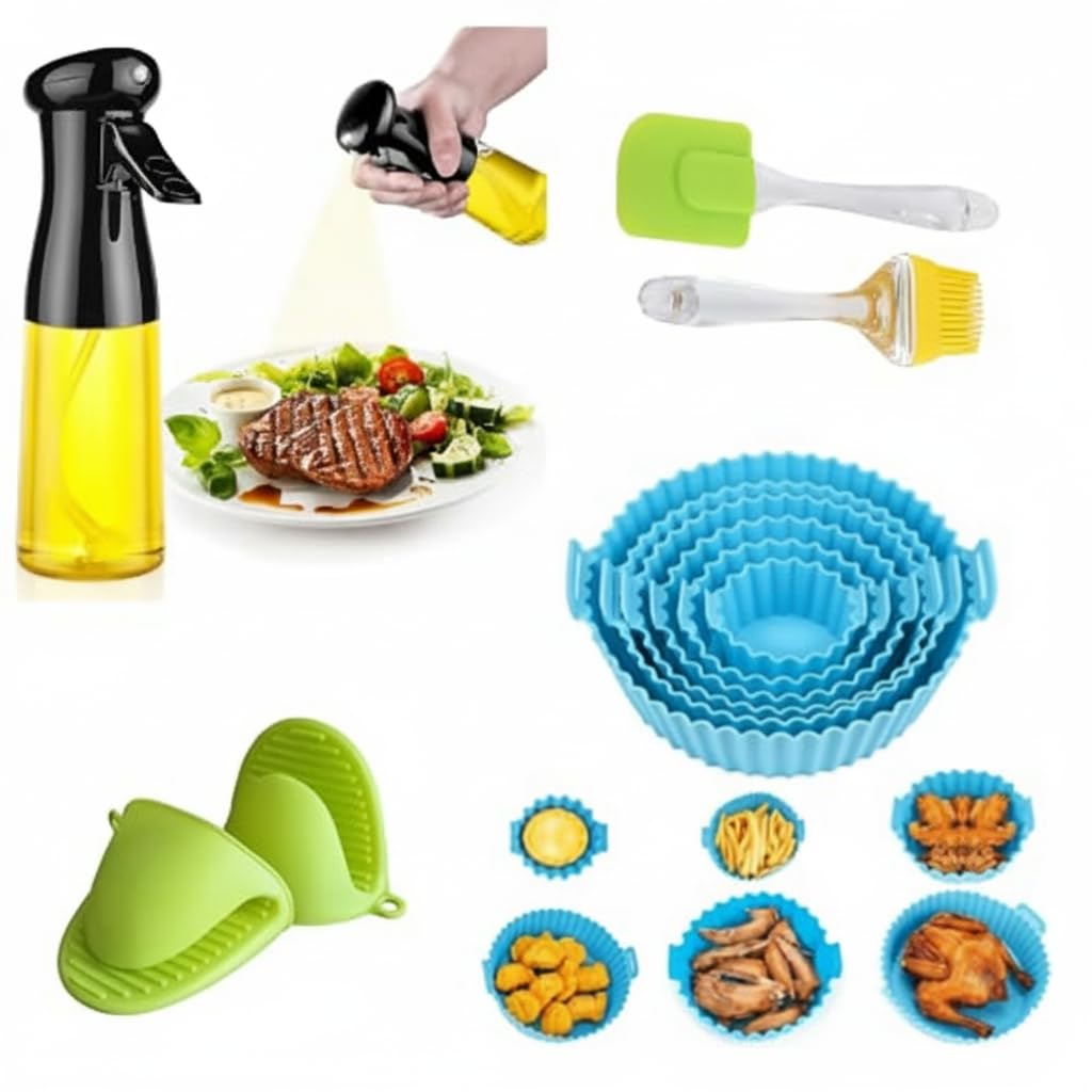 Air Fryer Accessories Set - Reusable Silicone Air Fryer Liners, Oil Sprayer for Cooking, Silicone Mitts, Basting Brush &amp; Spatula - Non-Stick Food Grade Ninja, Cosori, &amp; Vortex Compatible - View 8
