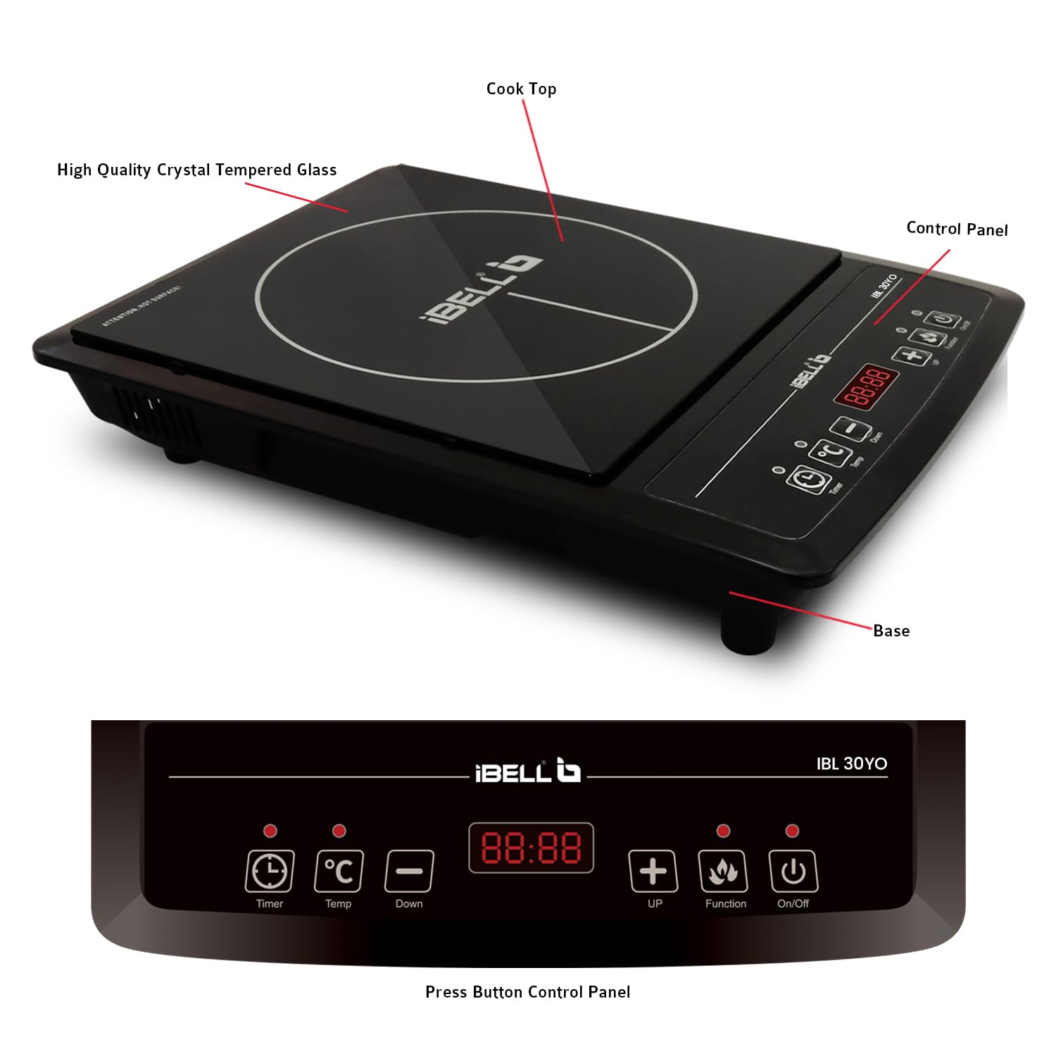 IBELL 30YO 2000W Induction Cooktop with Auto Shut Off & Overheat Protection, 2-Year Warranty (Black) - View 4