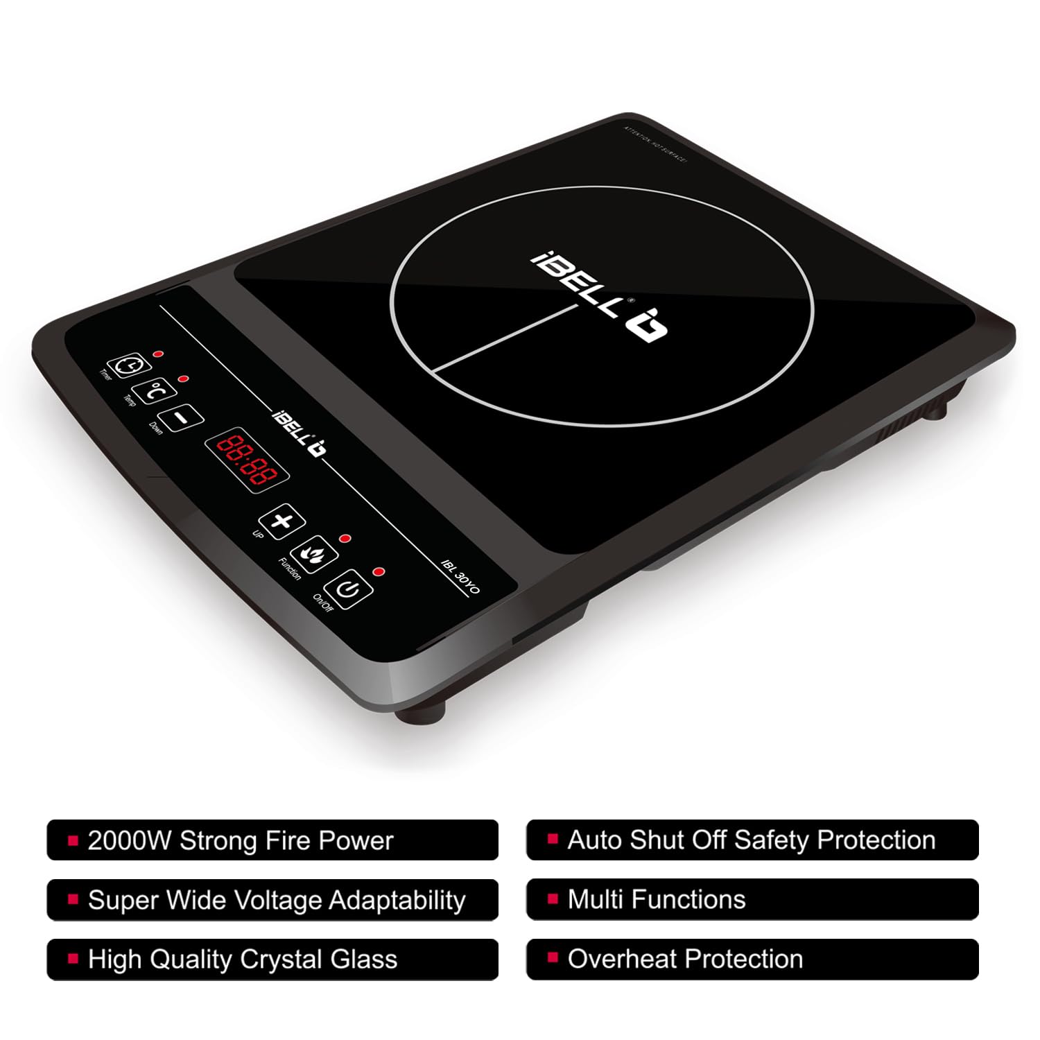 IBELL 30YO 2000W Induction Cooktop with Auto Shut Off & Overheat Protection, 2-Year Warranty (Black) - View 7