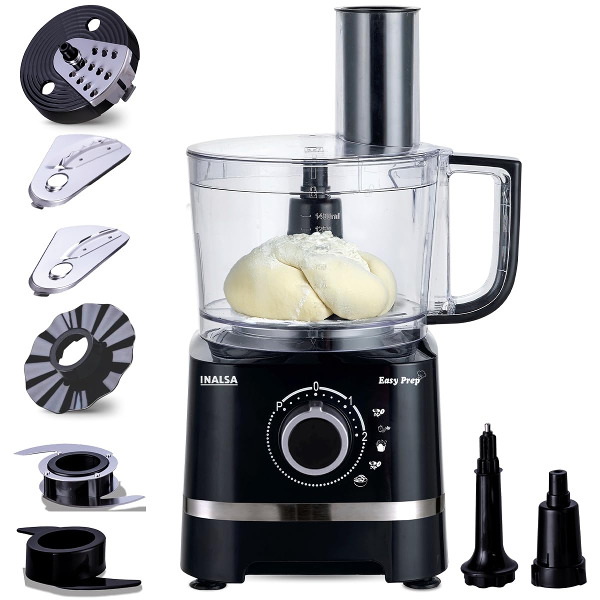 INALSA Food Processor with Atta Kneader 800 Watts|1.4L Processing Bowl7 Accessories including Dough Maker Electric Chopper,French Fry Cutter,Slicer,Shredder,Meat Mincer Dough Maker Machine (Easy Prep)