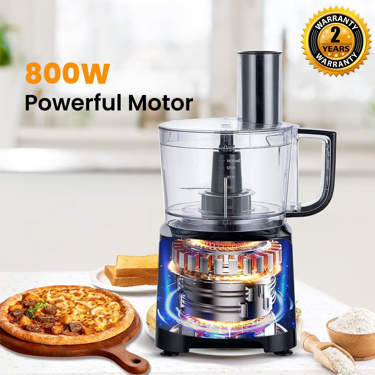 INALSA Food Processor with Atta Kneader 800 Watts|1.4L Processing Bowl7 Accessories including Dough Maker Electric Chopper,French Fry Cutter,Slicer,Shredder,Meat Mincer Dough Maker Machine (Easy Prep) - View 2