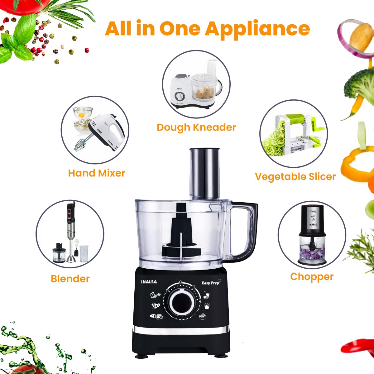 INALSA Food Processor with Atta Kneader 800 Watts|1.4L Processing Bowl7 Accessories including Dough Maker Electric Chopper,French Fry Cutter,Slicer,Shredder,Meat Mincer Dough Maker Machine (Easy Prep) - View 4