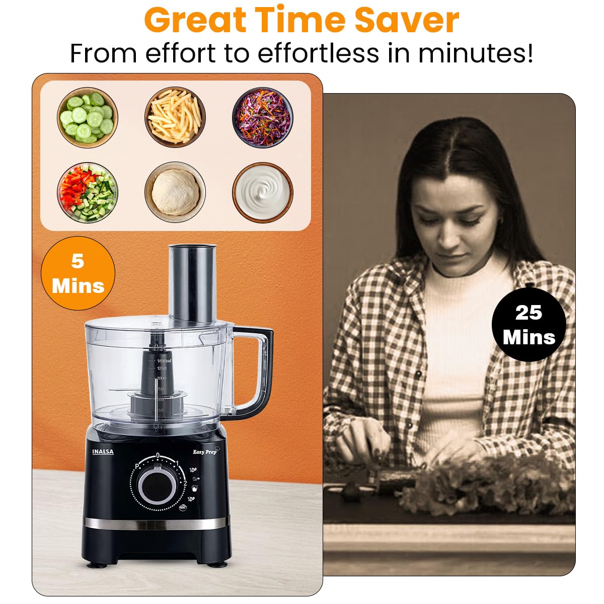 INALSA Food Processor with Atta Kneader 800 Watts|1.4L Processing Bowl7 Accessories including Dough Maker Electric Chopper,French Fry Cutter,Slicer,Shredder,Meat Mincer Dough Maker Machine (Easy Prep) - View 5