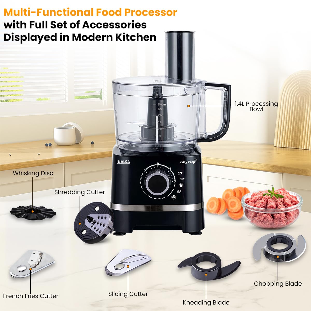 INALSA Food Processor with Atta Kneader 800 Watts|1.4L Processing Bowl7 Accessories including Dough Maker Electric Chopper,French Fry Cutter,Slicer,Shredder,Meat Mincer Dough Maker Machine (Easy Prep) - View 7