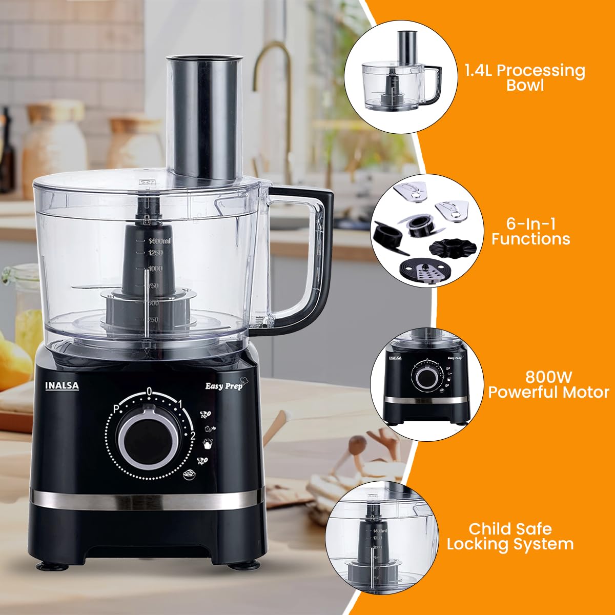 INALSA Food Processor with Atta Kneader 800 Watts|1.4L Processing Bowl7 Accessories including Dough Maker Electric Chopper,French Fry Cutter,Slicer,Shredder,Meat Mincer Dough Maker Machine (Easy Prep) - View 8