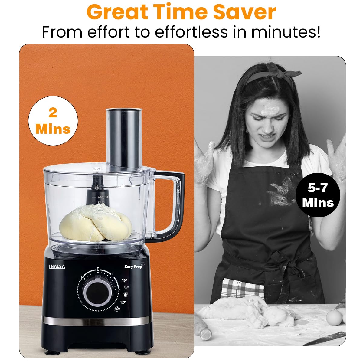 INALSA Food Processor with Atta Kneader 800 Watts|1.4L Processing Bowl7 Accessories including Dough Maker Electric Chopper,French Fry Cutter,Slicer,Shredder,Meat Mincer Dough Maker Machine (Easy Prep) - View 10