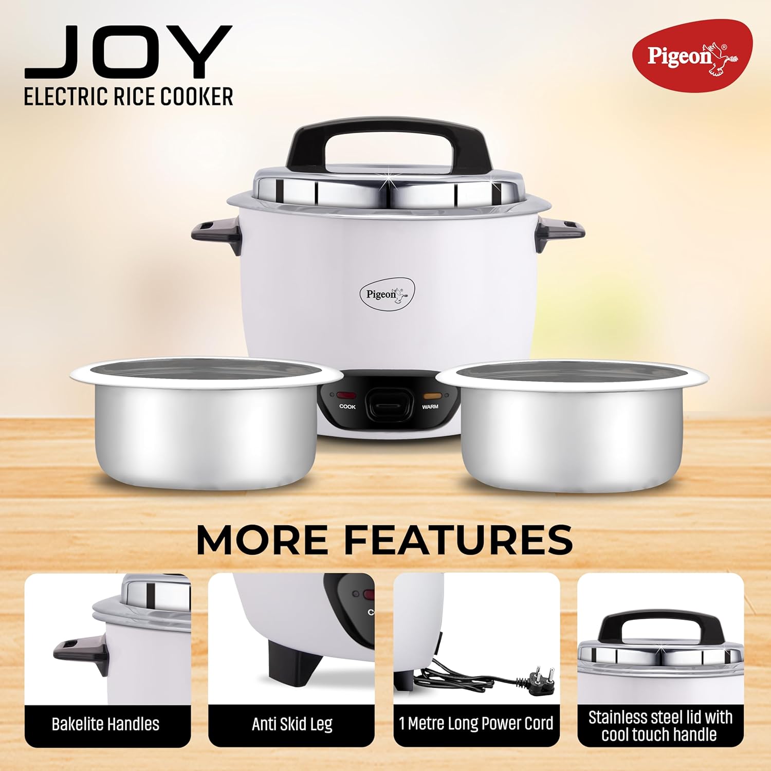 Pigeon by Stovekraft Joy Rice Cooker with Double pot, 1 litres. (White) | Toughened Glass Lid | 400 Watts | 2 Aluminium Cooking Pots | Measuring Cup| Spatula | Energy Efficient Cooking - View 2
