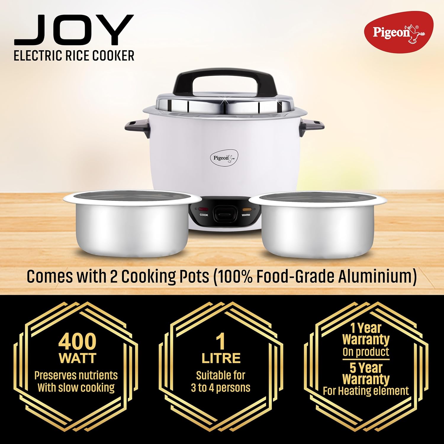 Pigeon by Stovekraft Joy Rice Cooker with Double pot, 1 litres. (White) | Toughened Glass Lid | 400 Watts | 2 Aluminium Cooking Pots | Measuring Cup| Spatula | Energy Efficient Cooking - View 3