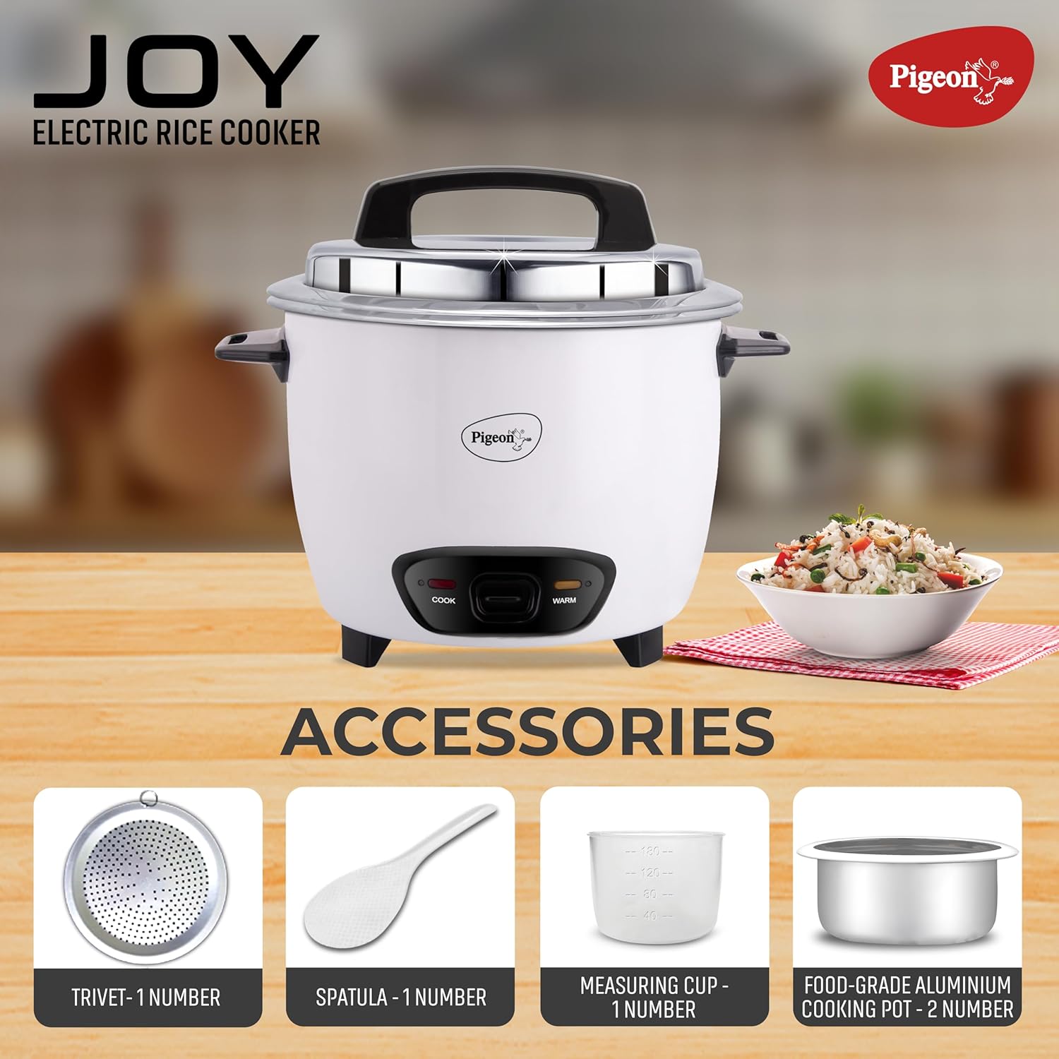 Pigeon by Stovekraft Joy Rice Cooker with Double pot, 1 litres. (White) | Toughened Glass Lid | 400 Watts | 2 Aluminium Cooking Pots | Measuring Cup| Spatula | Energy Efficient Cooking - View 5