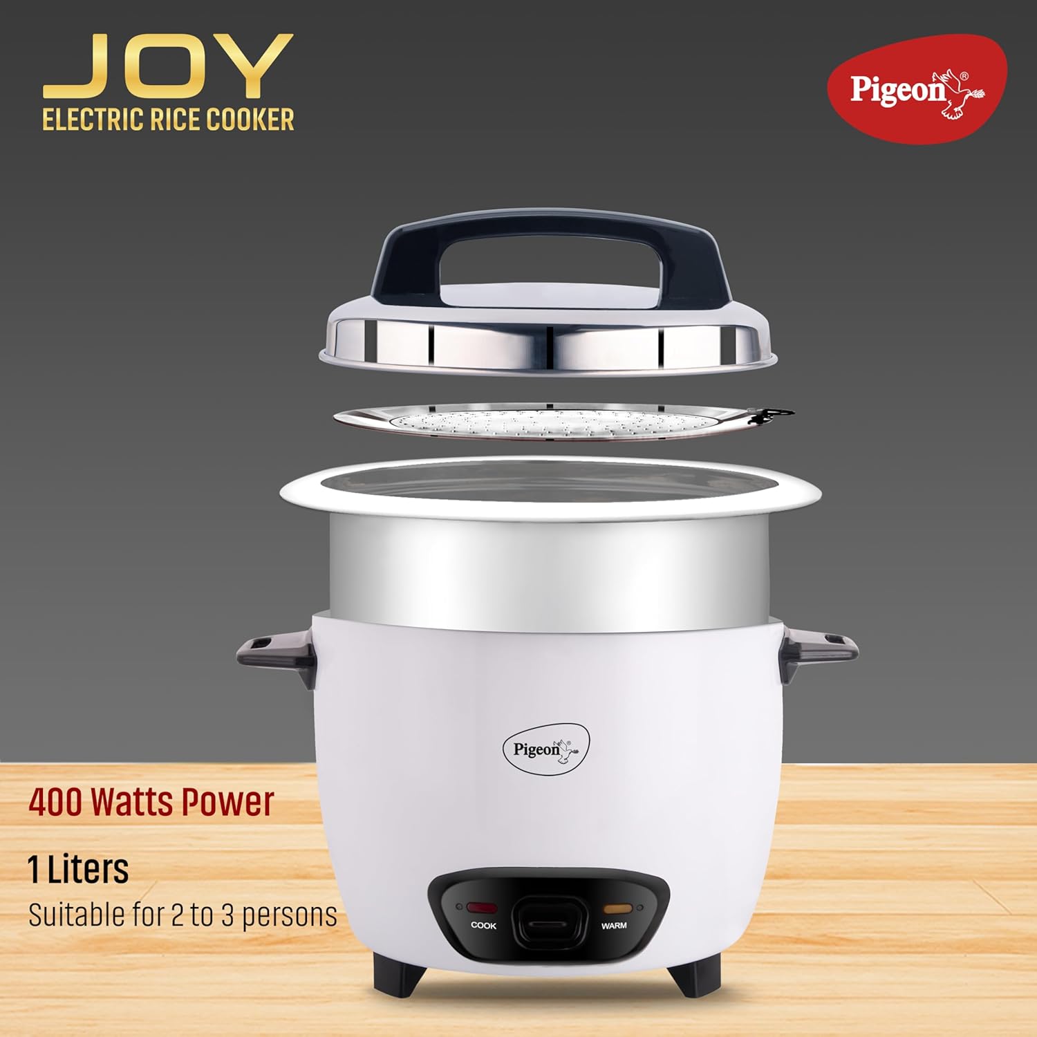 Pigeon by Stovekraft Joy Rice Cooker with Double pot, 1 litres. (White) | Toughened Glass Lid | 400 Watts | 2 Aluminium Cooking Pots | Measuring Cup| Spatula | Energy Efficient Cooking - View 6