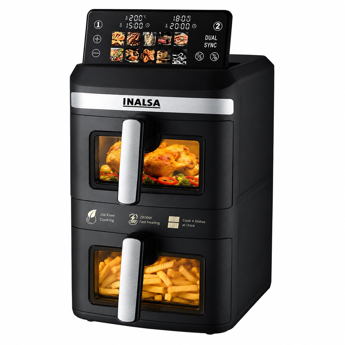 INALSA Double Basket Air Fryer 2800W & 14 L (7L+7L) Large Capacity |Non Toxic,BPA Free|PFOA Food Safety Certified|Cook 2 Full Meals Together|Flip Digital Screen|NutriFry DuoSlim