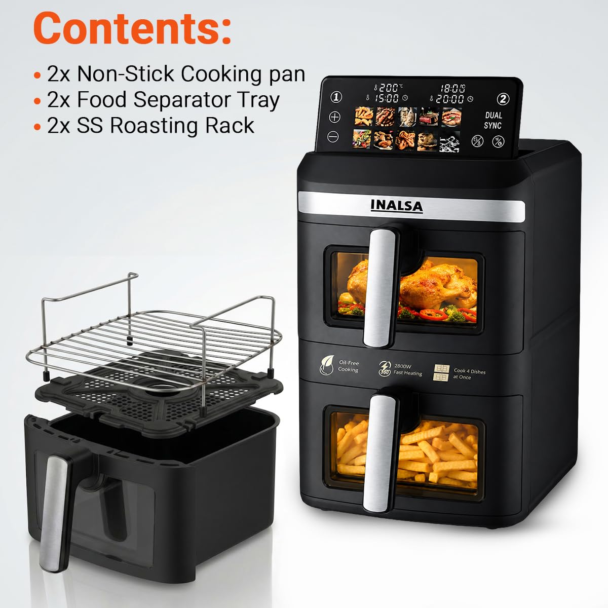 INALSA Double Basket Air Fryer 2800W & 14 L (7L+7L) Large Capacity |Non Toxic,BPA Free|PFOA Food Safety Certified|Cook 2 Full Meals Together|Flip Digital Screen|NutriFry DuoSlim - View 2
