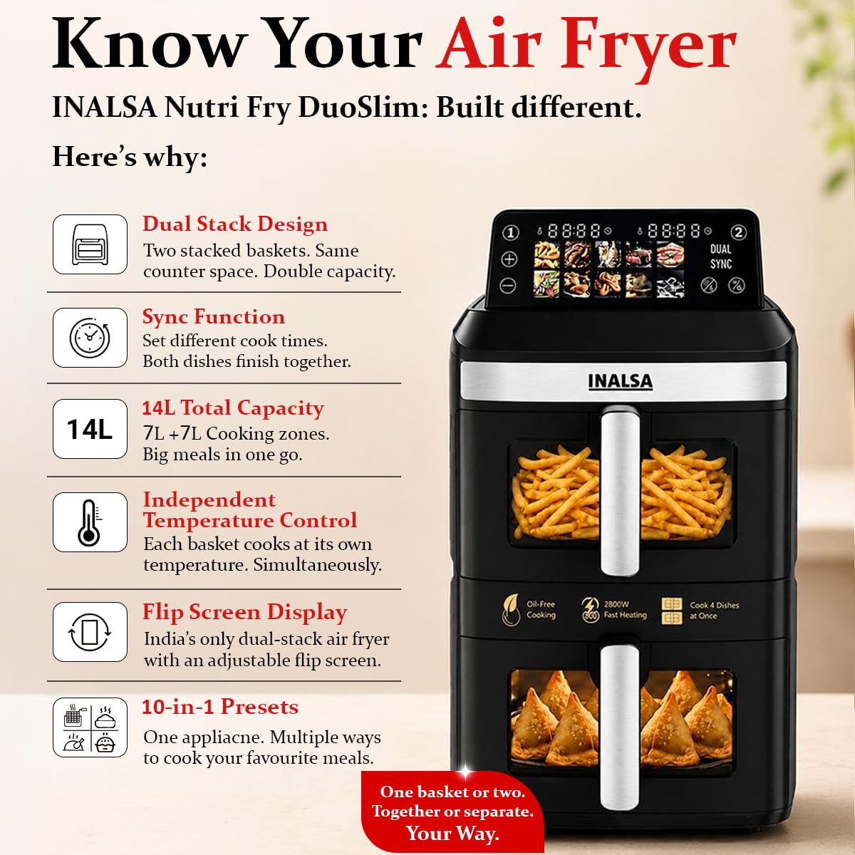INALSA Double Basket Air Fryer 2800W & 14 L (7L+7L) Large Capacity |Non Toxic,BPA Free|PFOA Food Safety Certified|Cook 2 Full Meals Together|Flip Digital Screen|NutriFry DuoSlim - View 3