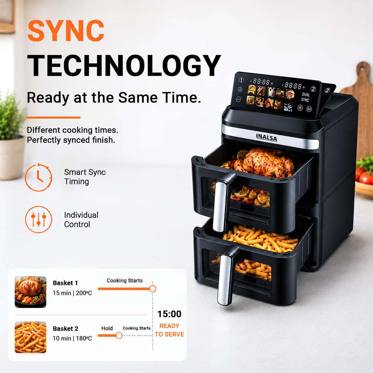 INALSA Double Basket Air Fryer 2800W & 14 L (7L+7L) Large Capacity |Non Toxic,BPA Free|PFOA Food Safety Certified|Cook 2 Full Meals Together|Flip Digital Screen|NutriFry DuoSlim - View 4