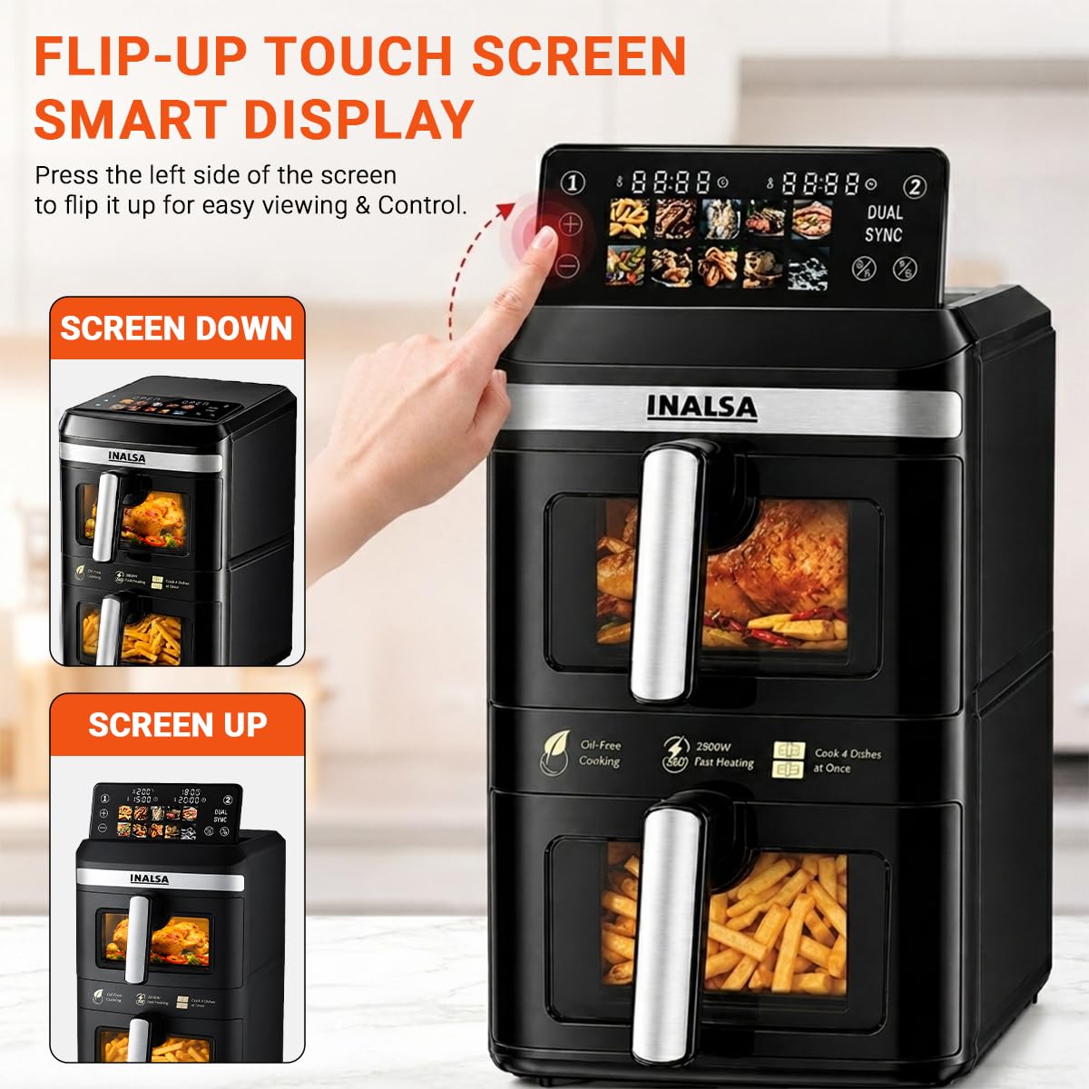 INALSA Double Basket Air Fryer 2800W & 14 L (7L+7L) Large Capacity |Non Toxic,BPA Free|PFOA Food Safety Certified|Cook 2 Full Meals Together|Flip Digital Screen|NutriFry DuoSlim - View 6