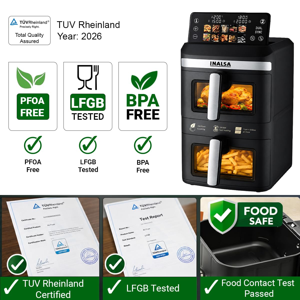 INALSA Double Basket Air Fryer 2800W & 14 L (7L+7L) Large Capacity |Non Toxic,BPA Free|PFOA Food Safety Certified|Cook 2 Full Meals Together|Flip Digital Screen|NutriFry DuoSlim - View 8