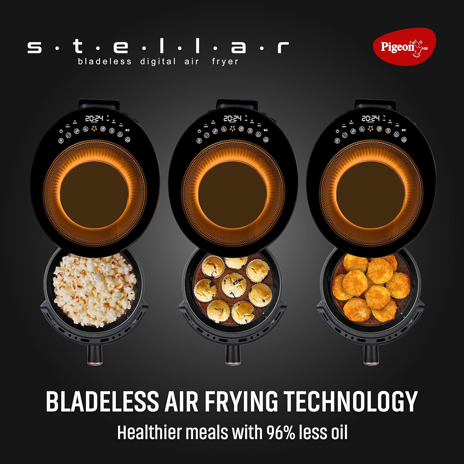 Pigeon By Stovekraft STELLAR Air Fryer Large 5.5L | 1500W BLADELESS Airfryer | Unique See Through Top View Glass | 360 Airwhirl Technology | Digital Touchscreen | 8 PRESETS Menu | Shake Feature, Black - View 6