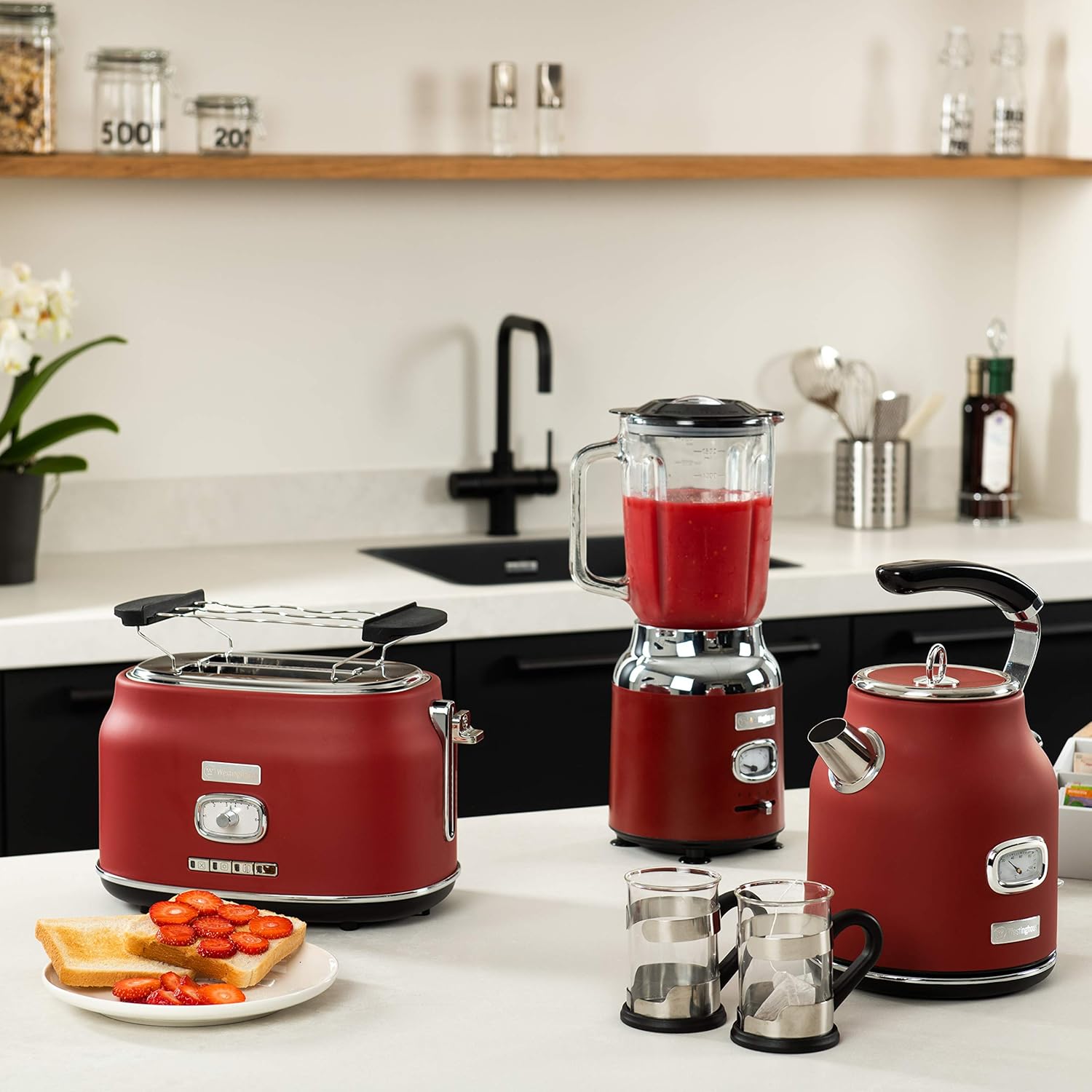Westinghouse 1.7L 2200W Retro Series Electric Kettle | Fast Boil, Water Boiler For Hot Drinks, Quiet Boil & Detachable Filter | Temperature & Water Level Indicator | 2 Years Warranty (Red) - View 2