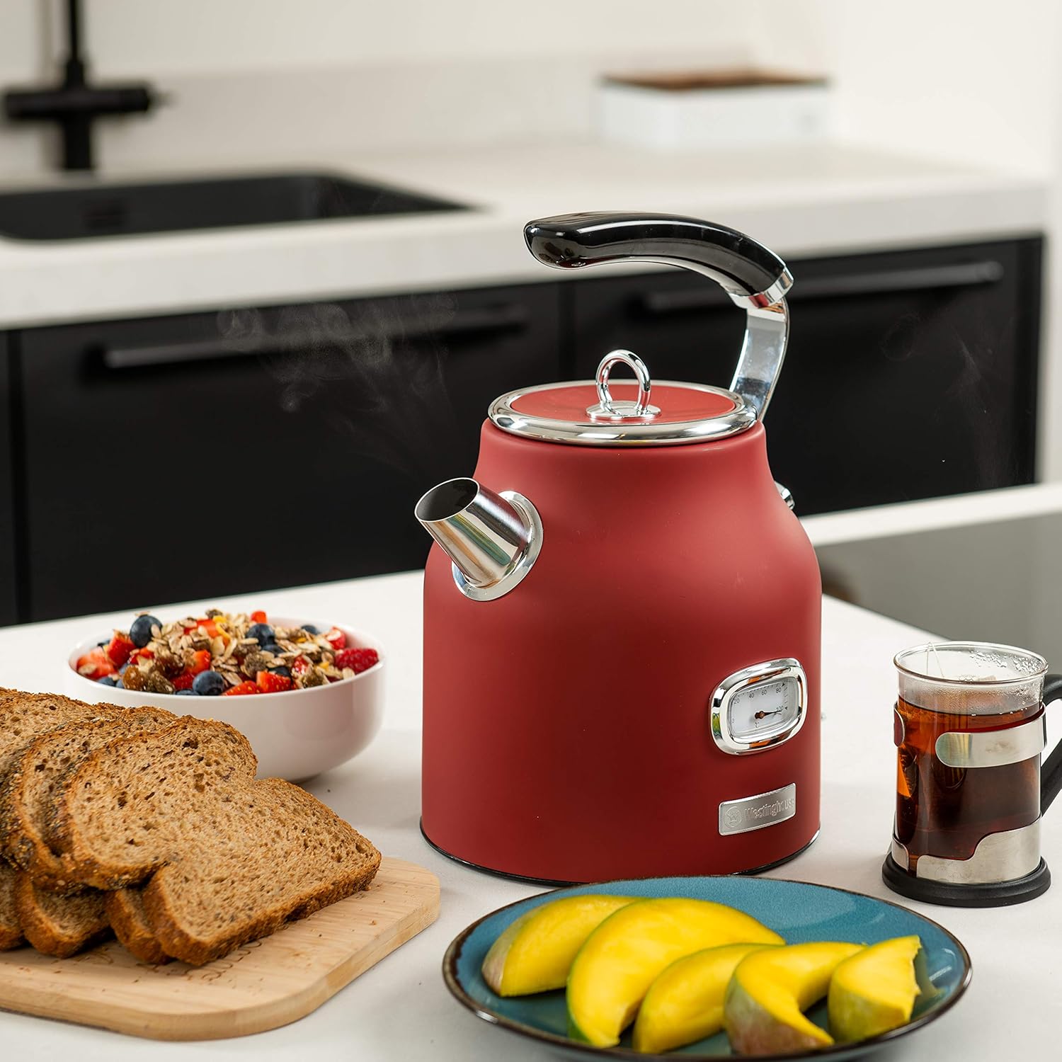 Westinghouse 1.7L 2200W Retro Series Electric Kettle | Fast Boil, Water Boiler For Hot Drinks, Quiet Boil & Detachable Filter | Temperature & Water Level Indicator | 2 Years Warranty (Red) - View 5