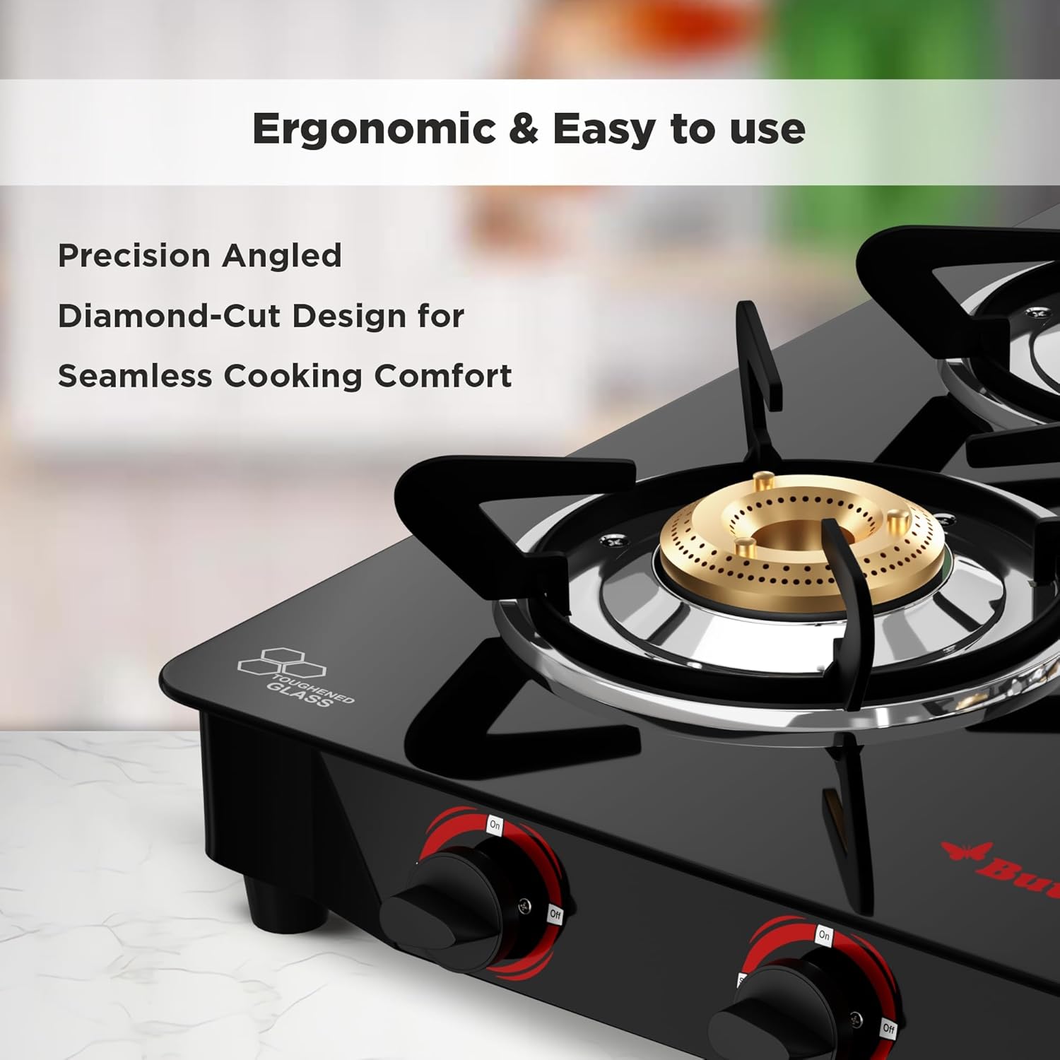 Butterfly Smart 4 Burner Glass Top Gas Stove | Manual Ignition | Scratch Resistant Toughened Glass | Brass Burners | Skid-proof Legs | 1 Year Manufacturer's Warranty | Black - View 2