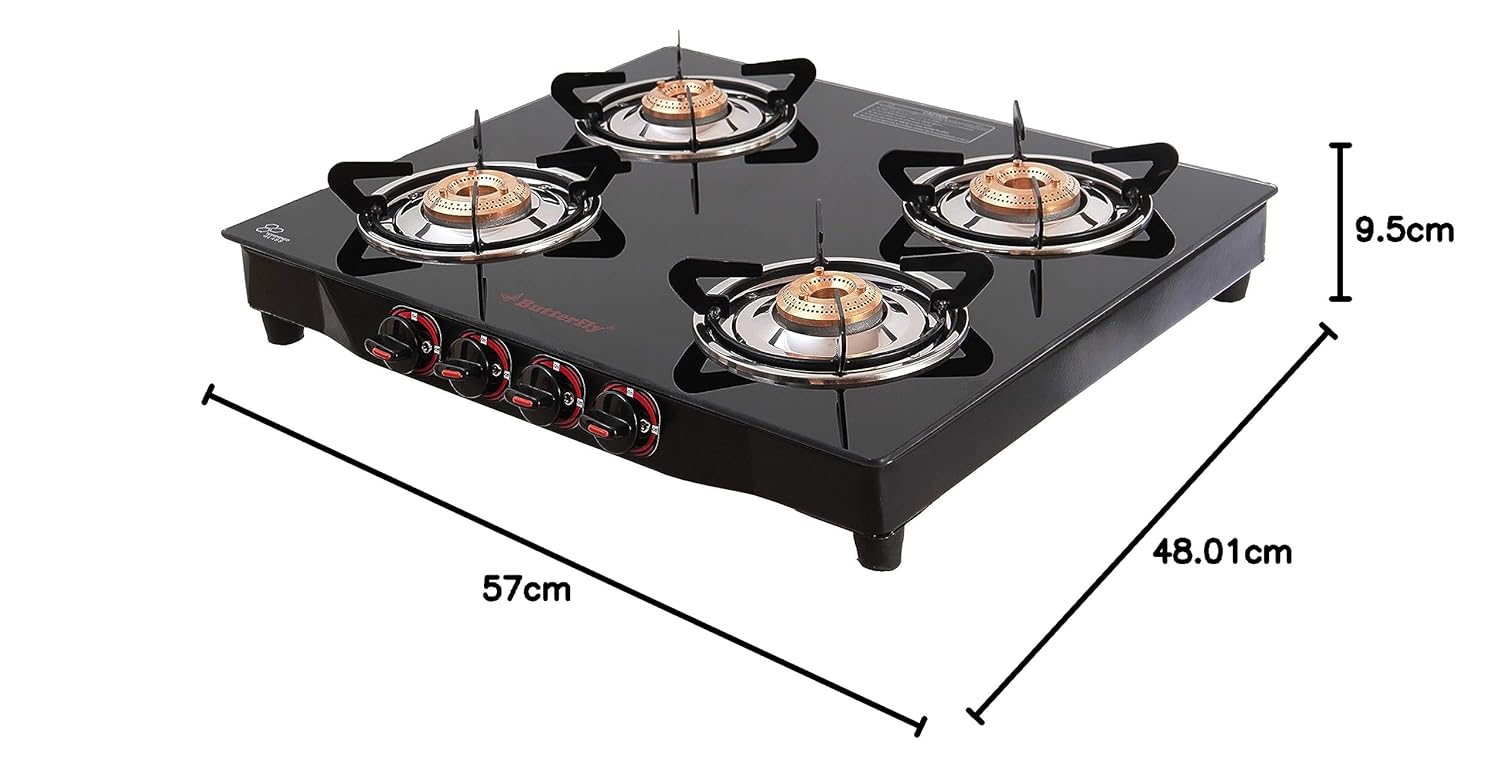 Butterfly Smart 4 Burner Glass Top Gas Stove | Manual Ignition | Scratch Resistant Toughened Glass | Brass Burners | Skid-proof Legs | 1 Year Manufacturer's Warranty | Black - View 3