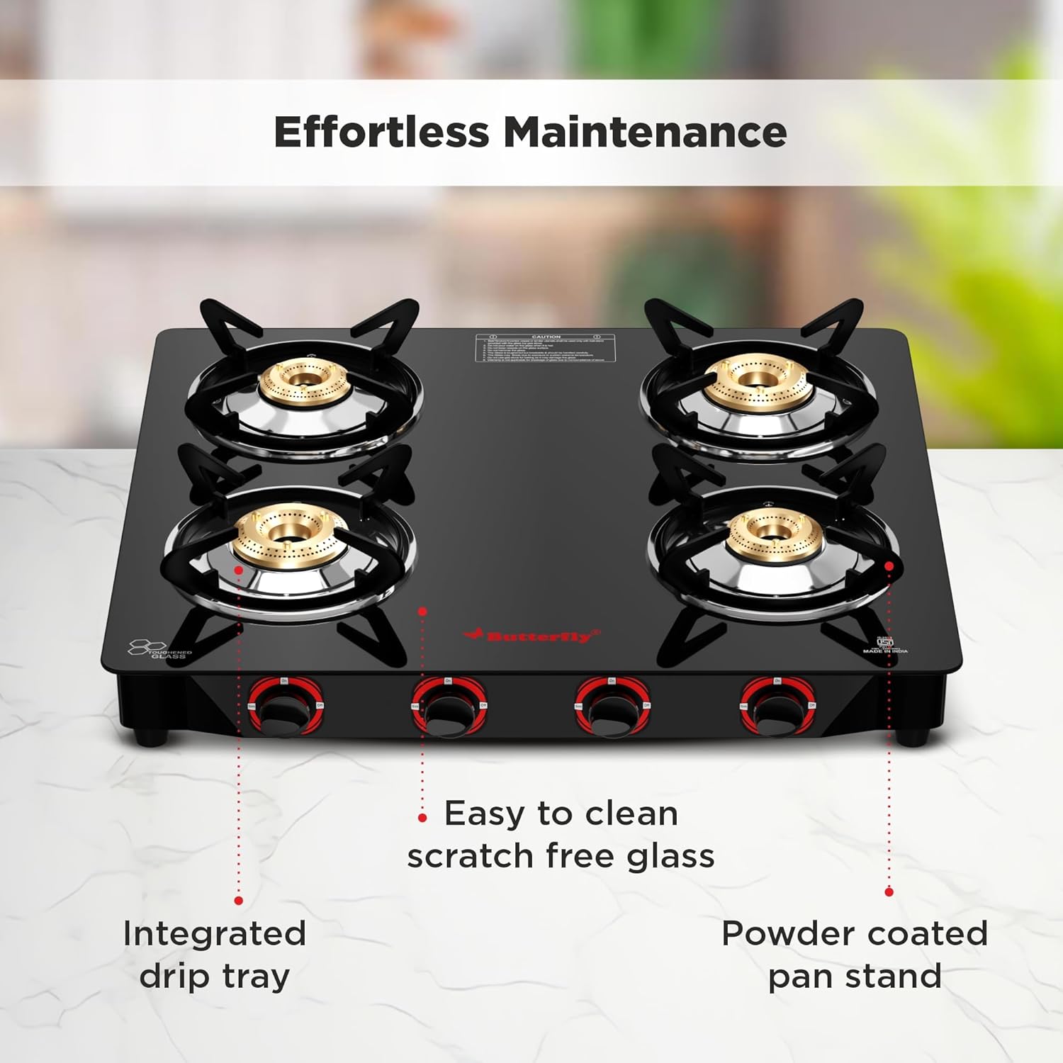 Butterfly Smart 4 Burner Glass Top Gas Stove | Manual Ignition | Scratch Resistant Toughened Glass | Brass Burners | Skid-proof Legs | 1 Year Manufacturer's Warranty | Black - View 4