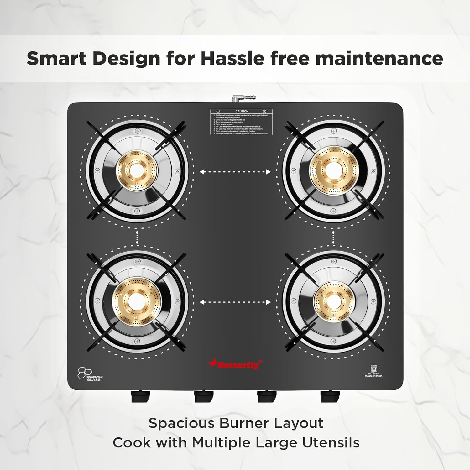 Butterfly Smart 4 Burner Glass Top Gas Stove | Manual Ignition | Scratch Resistant Toughened Glass | Brass Burners | Skid-proof Legs | 1 Year Manufacturer's Warranty | Black - View 5