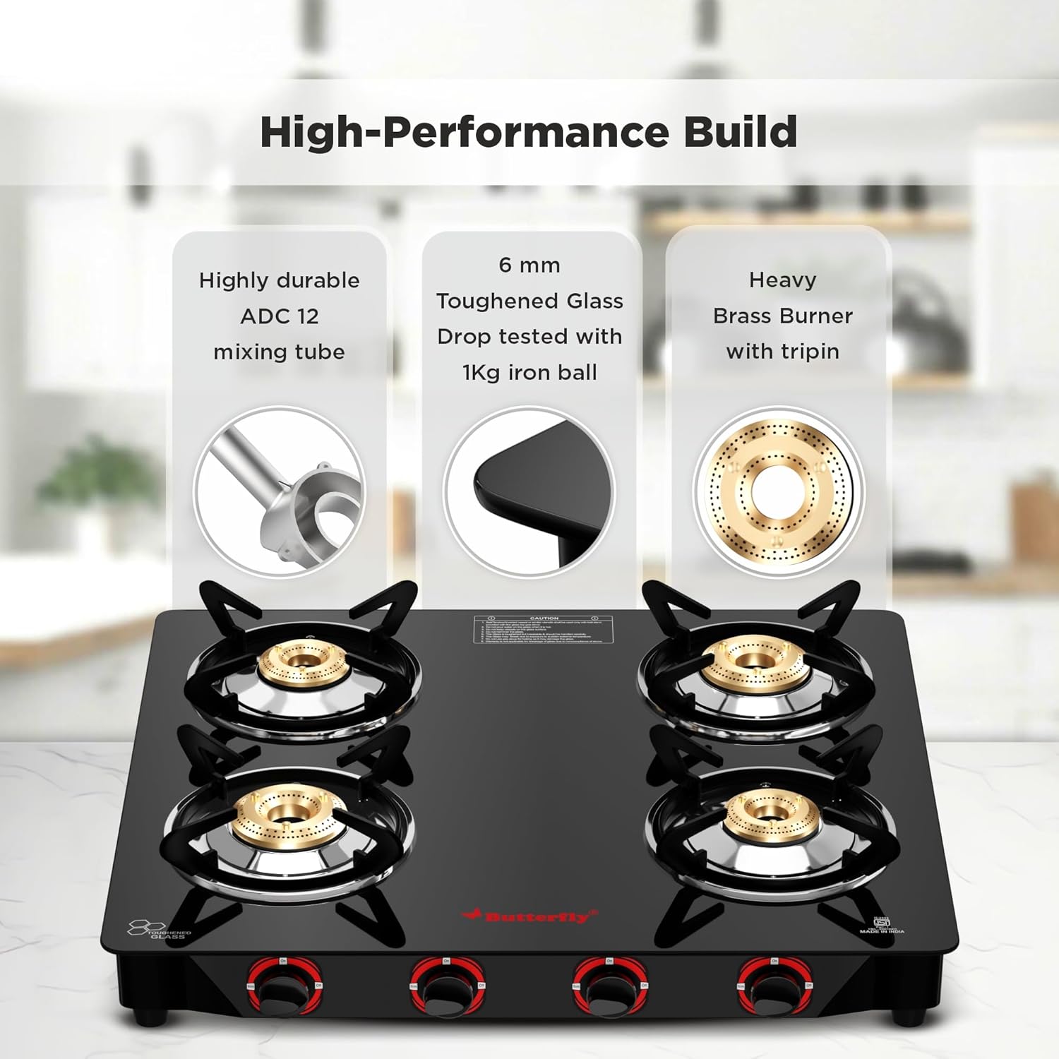 Butterfly Smart 4 Burner Glass Top Gas Stove | Manual Ignition | Scratch Resistant Toughened Glass | Brass Burners | Skid-proof Legs | 1 Year Manufacturer's Warranty | Black - View 6