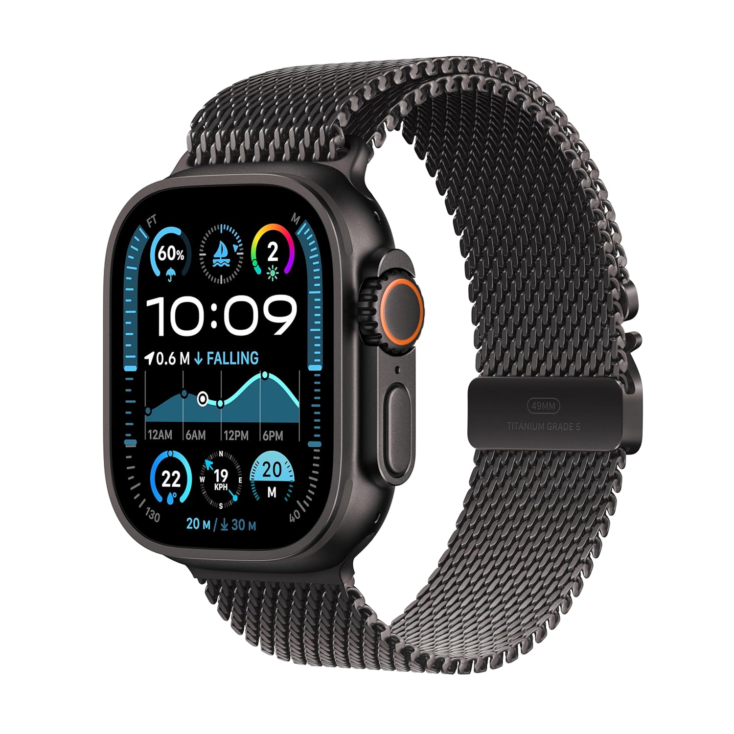 Apple Watch Ultra 2 [GPS + Cellular 49 mm] Smartwatch, Sports Watch with Black Titanium Case with Black Titanium Milanese Loop - L. Fitness Tracker, Precision GPS, Action Button, Carbon Neutral