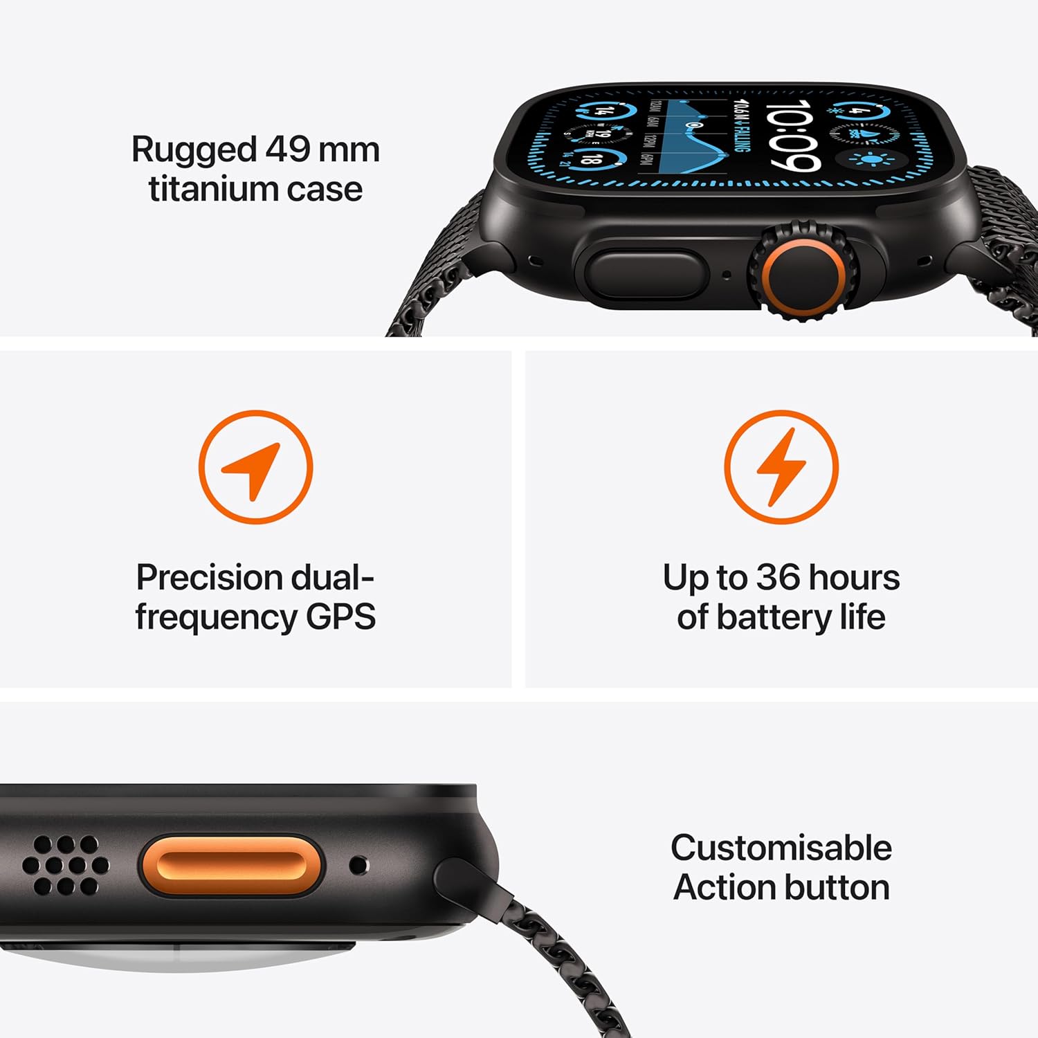 Apple Watch Ultra 2 [GPS + Cellular 49 mm] Smartwatch, Sports Watch with Black Titanium Case with Black Titanium Milanese Loop - L. Fitness Tracker, Precision GPS, Action Button, Carbon Neutral - View 3