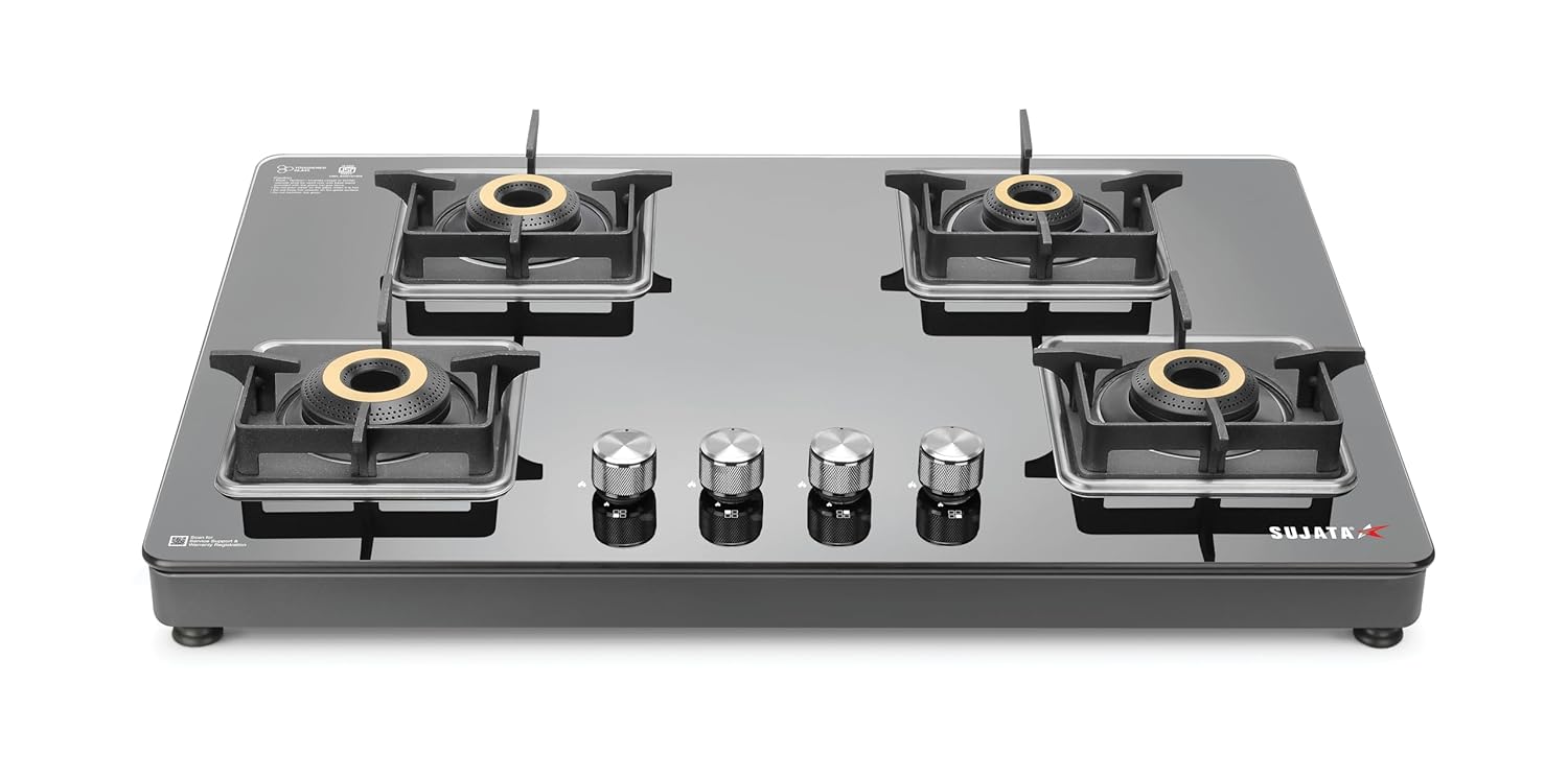 Sujata Premium Gas Stove 4 Burners Glass Top | 9 Years Warranty | Gas Stove with Jumbo Brass Burners | SABAF Technology | ISI Certified | LPG & PNG Compatible | 360° Rotating Brass Nozzle (Black)