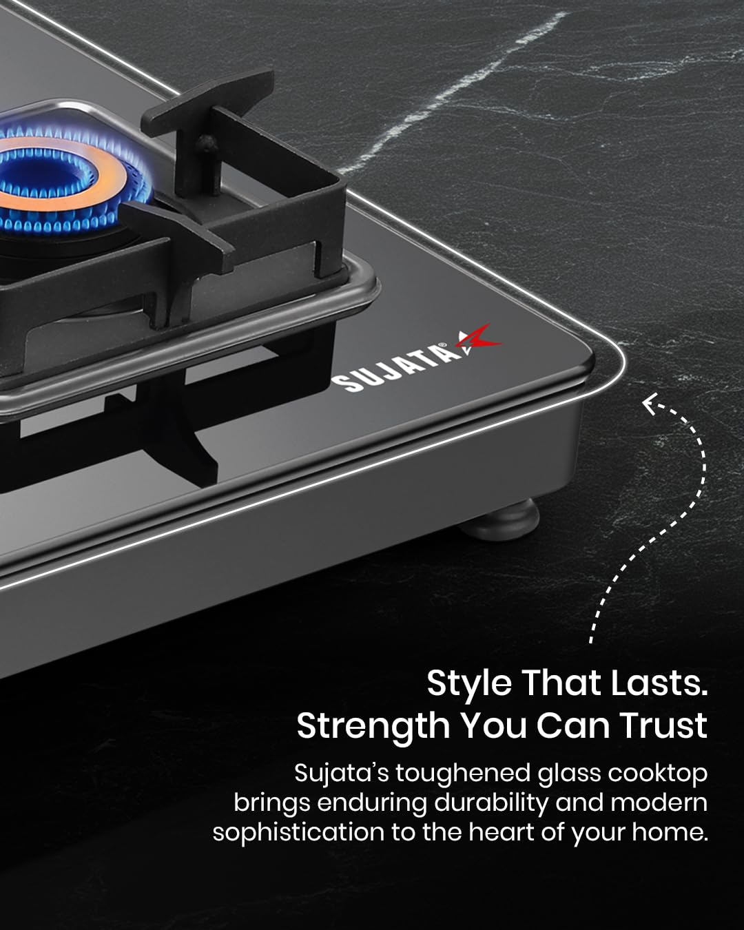 Sujata Premium Gas Stove 4 Burners Glass Top | 9 Years Warranty | Gas Stove with Jumbo Brass Burners | SABAF Technology | ISI Certified | LPG & PNG Compatible | 360° Rotating Brass Nozzle (Black) - View 2