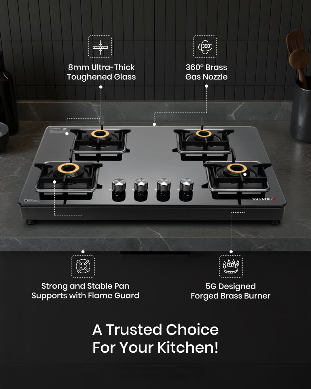 Sujata Premium Gas Stove 4 Burners Glass Top | 9 Years Warranty | Gas Stove with Jumbo Brass Burners | SABAF Technology | ISI Certified | LPG & PNG Compatible | 360° Rotating Brass Nozzle (Black) - View 4