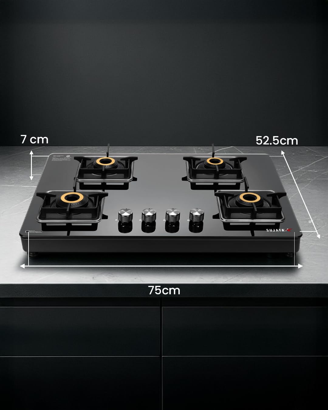Sujata Premium Gas Stove 4 Burners Glass Top | 9 Years Warranty | Gas Stove with Jumbo Brass Burners | SABAF Technology | ISI Certified | LPG & PNG Compatible | 360° Rotating Brass Nozzle (Black) - View 6