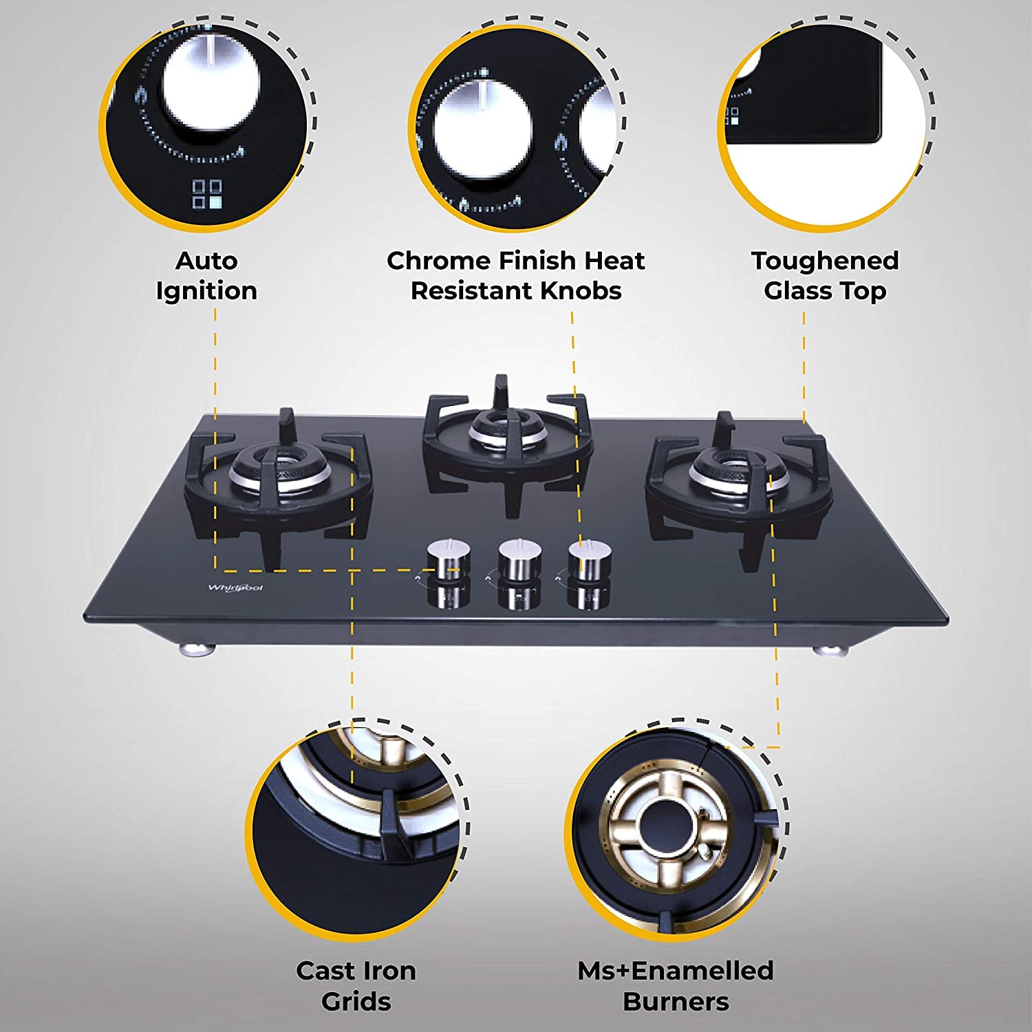Whirlpool 70cm 3 Burner Auto Ignition Hob | ELITE HYBRID 703 MT EC | 8mm Toughened Glass | SABAF Burners | 10 Year Glass & 5 Year Burner Warranty | Black - View 5