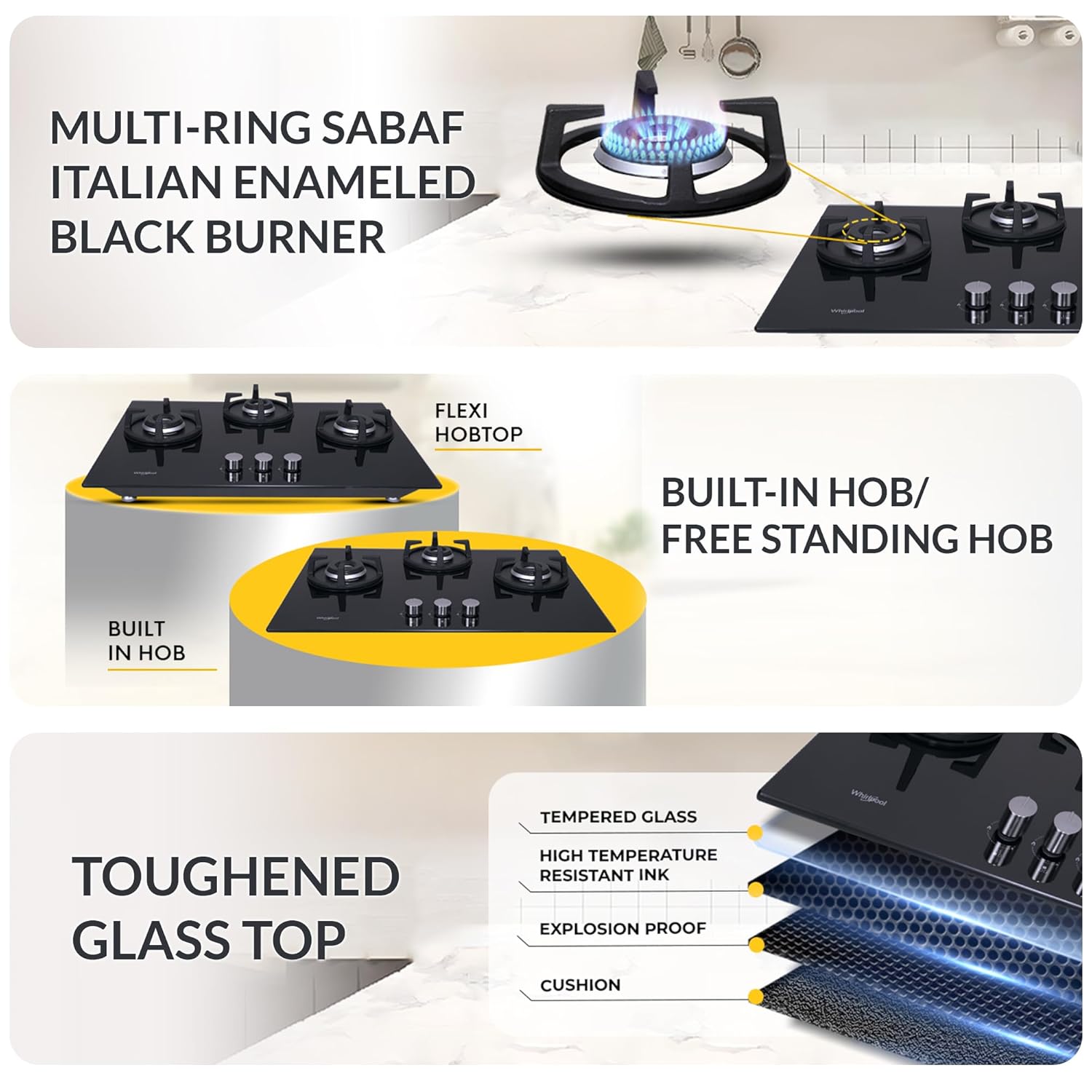 Whirlpool 70cm 3 Burner Auto Ignition Hob | ELITE HYBRID 703 MT EC | 8mm Toughened Glass | SABAF Burners | 10 Year Glass & 5 Year Burner Warranty | Black - View 6