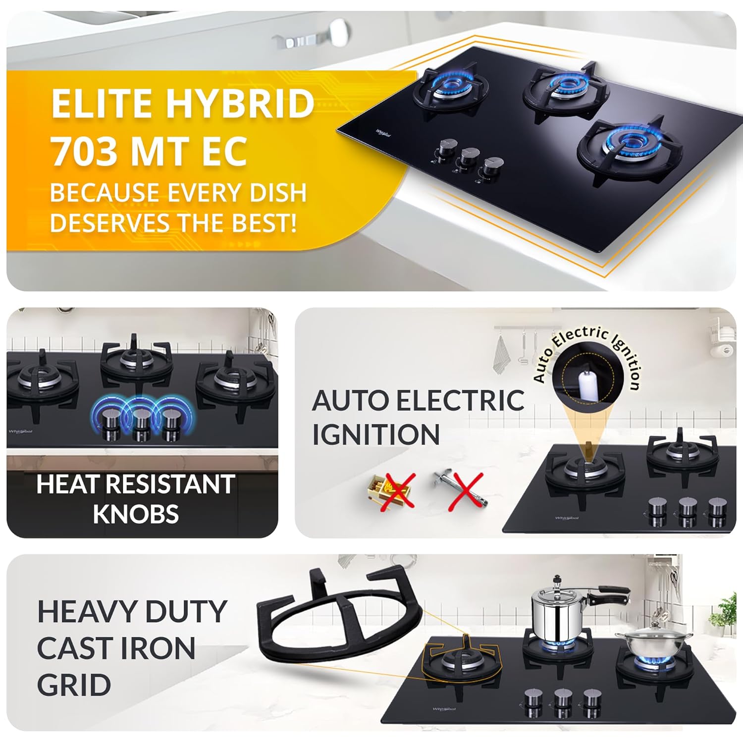 Whirlpool 70cm 3 Burner Auto Ignition Hob | ELITE HYBRID 703 MT EC | 8mm Toughened Glass | SABAF Burners | 10 Year Glass & 5 Year Burner Warranty | Black - View 7